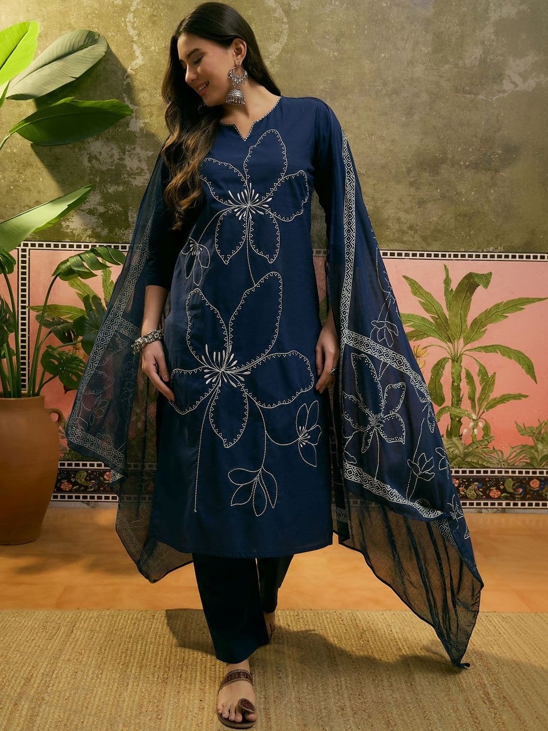 Sangria Floral Embroidered Pure Cotton Straight Kurta & Trousers With Dupatta - view 1