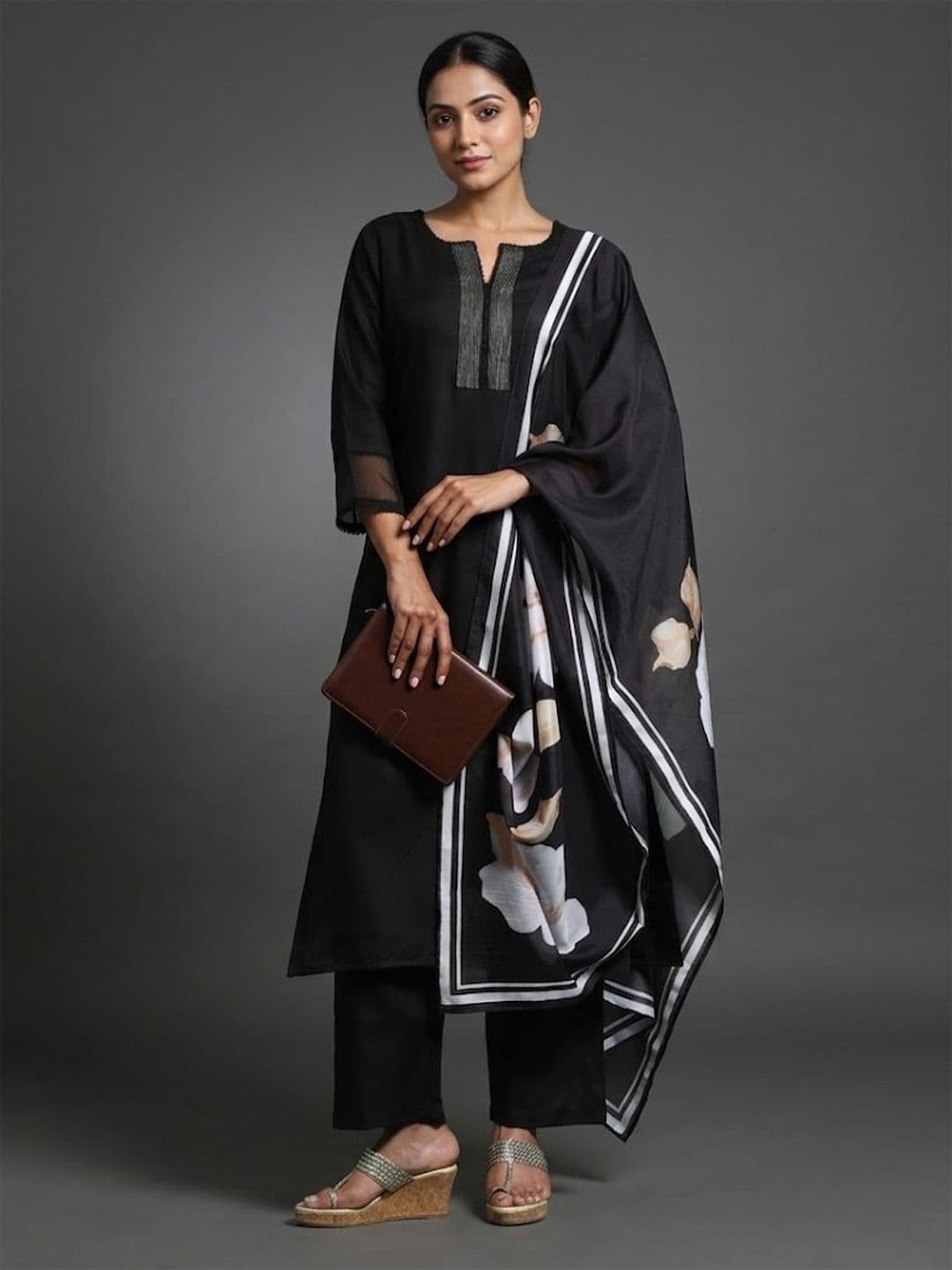 Navibhu Workwear Women Notch Neck Regular Thread Work Kurta with Trousers & With Dupatta - view 1