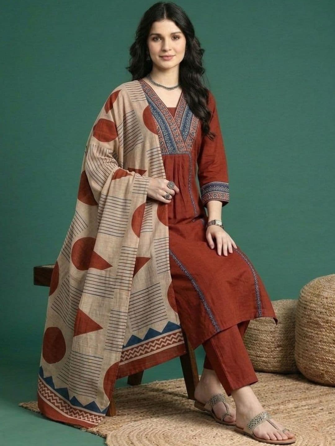 Sangria Geometric Embroidered Pure Cotton V-Neck Kurta & Trousers With Dupatta - view 1