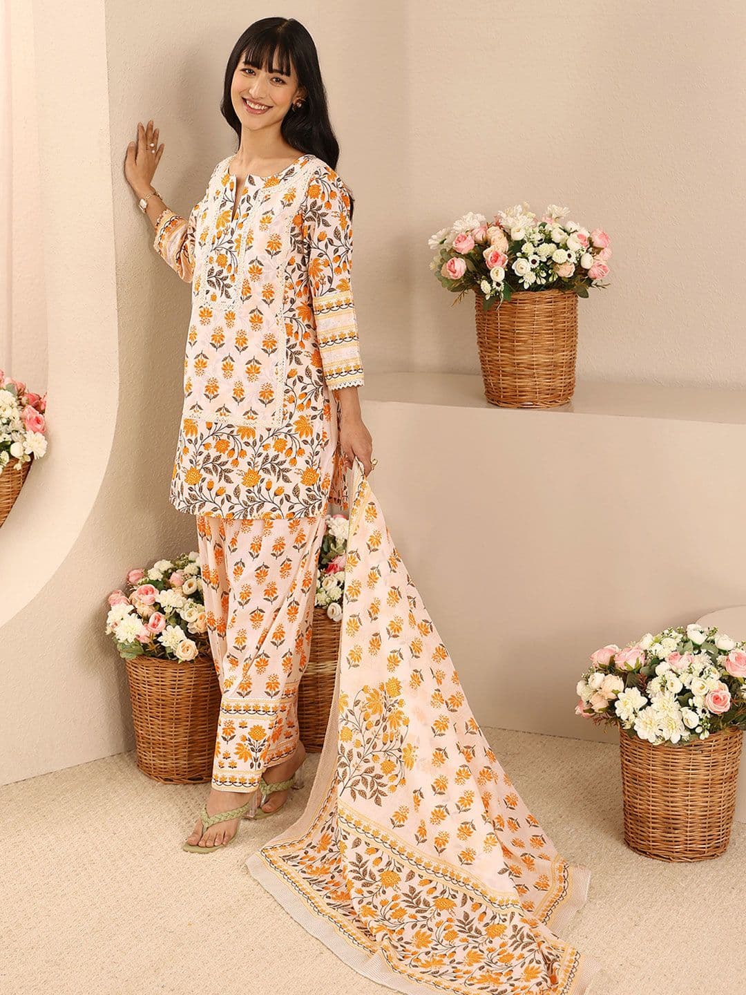 Libas Yellow Floral Printed Cotton Straight Suit Set with Dupatta - view 1
