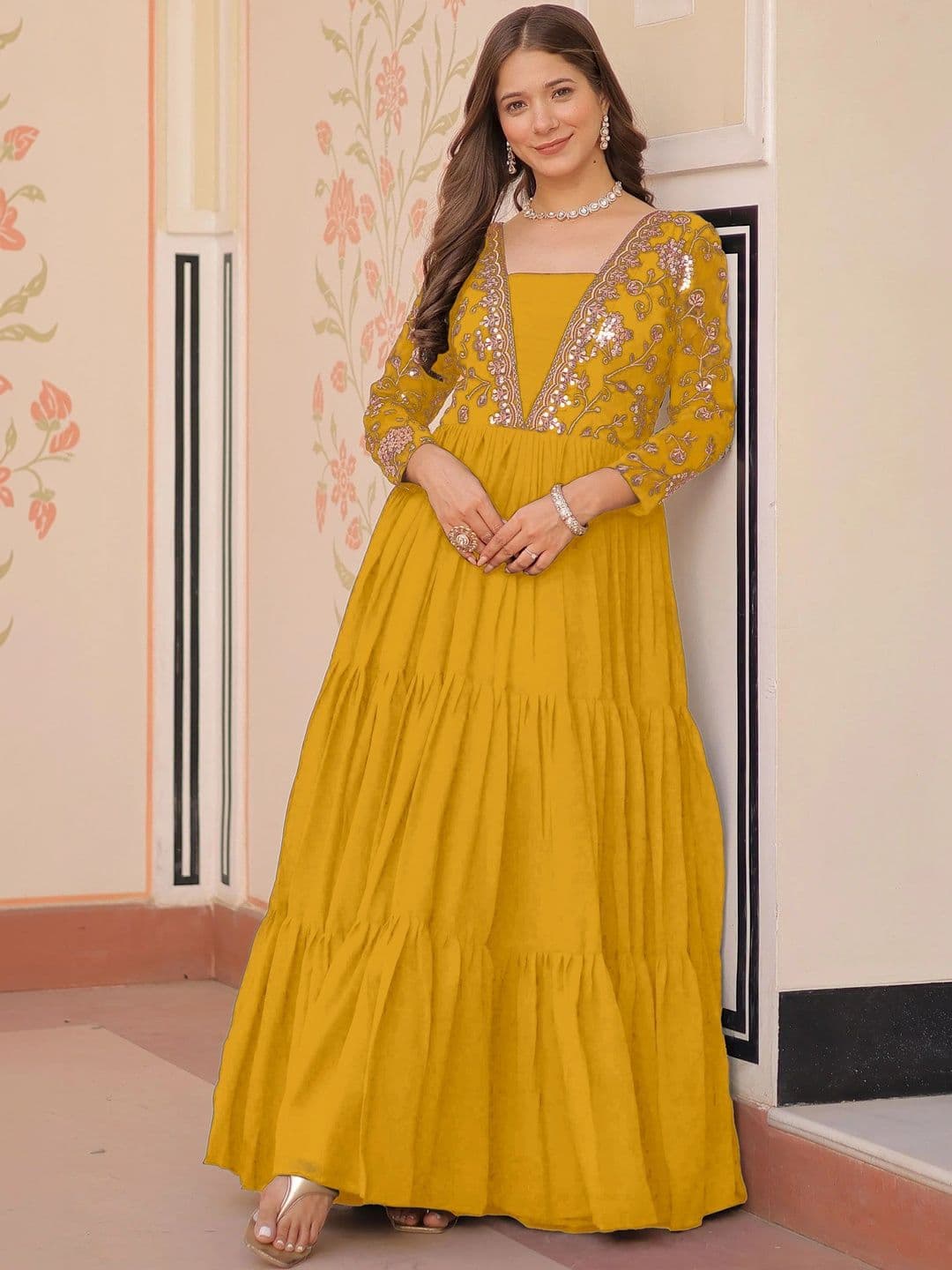 FoxDX Embroidered V-Neck Fit & Flare Ethnic Dresses - view 1