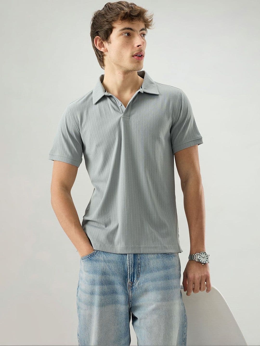 VASTRADO Refined Grey Hairline Striped Polo Knit T-Shirt - view 1