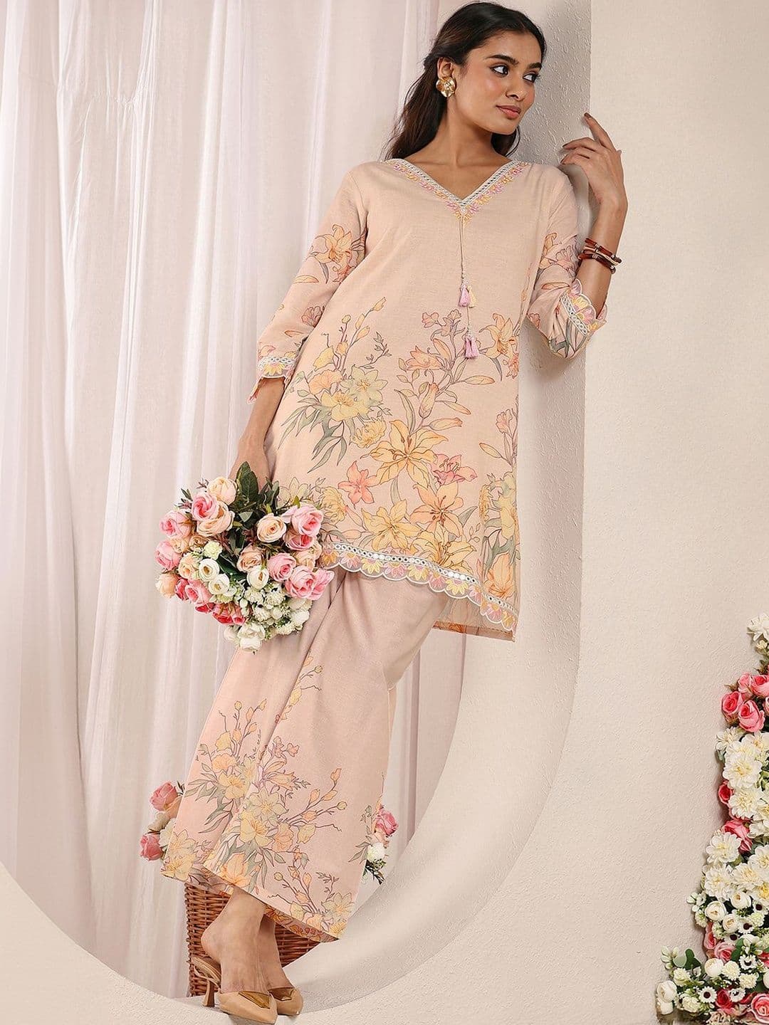 Libas Peach Floral Printed Linen A-Line Kurta Set - view 1