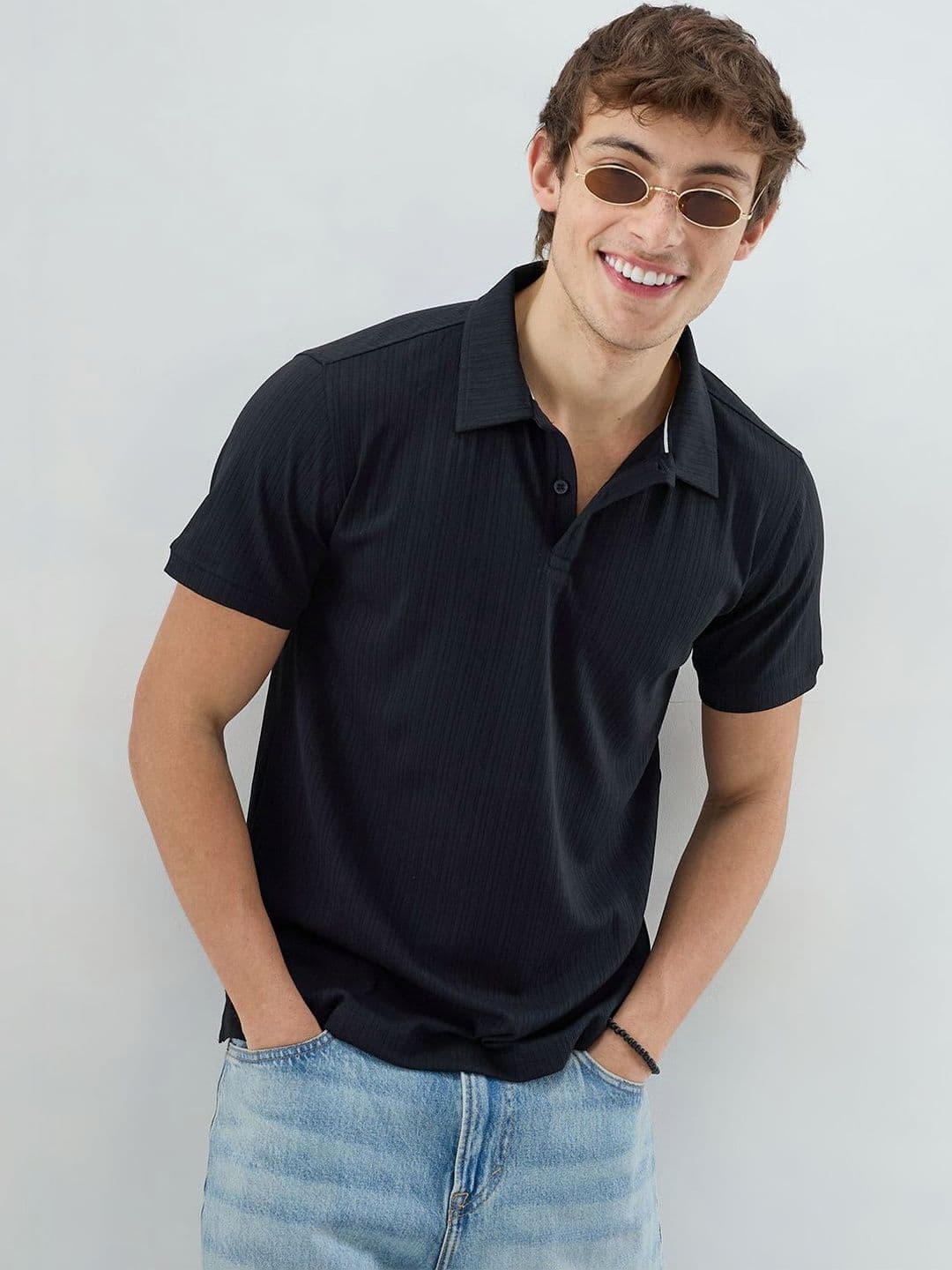 VASTRADO Refined Black Hairline Striped Polo Knit T-Shirt - view 1