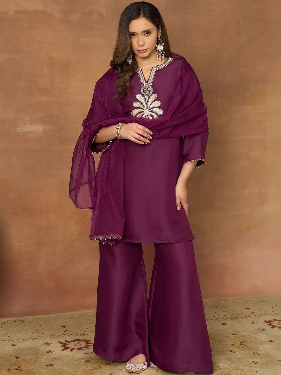 Inddus Women Ethnic Motifs Embroidered Regular Thread Work Kurta with Palazzos & With Dupatta - view 1