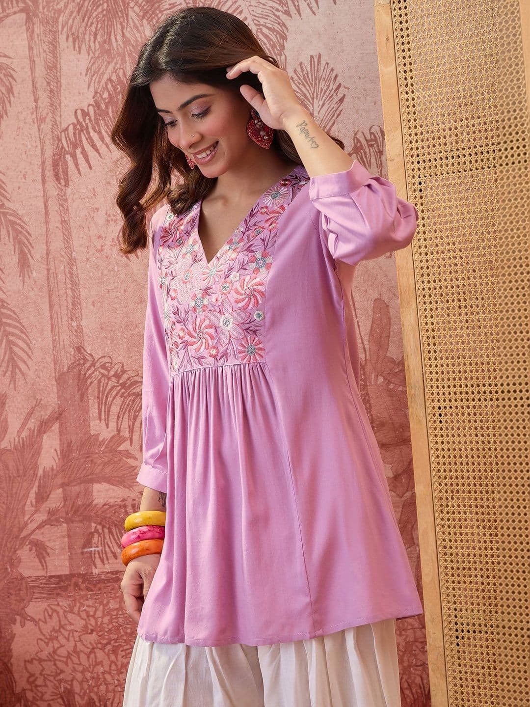 Sangria Floral Embroidered V-Neck A-Line Short Kurtis - view 1