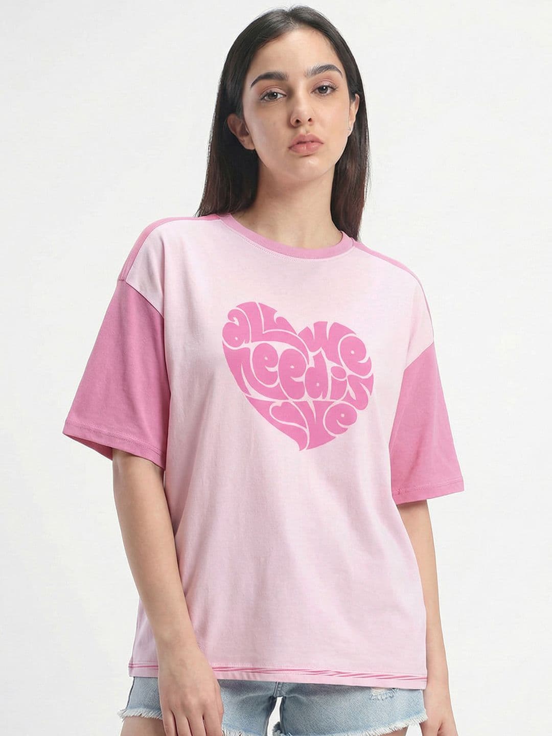 Crazymonk All We Need is Love Printed Drop-Shoulder Sleeves Cotton Oversized T-shirt - view 1