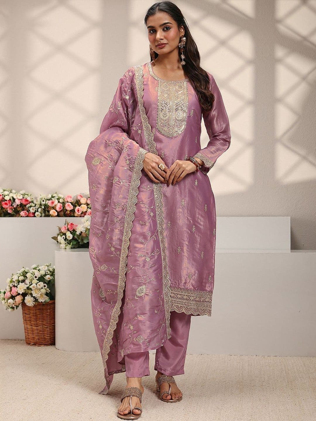 Libas Mauve Embellished Organza Straight Suit Set with Dupatta - view 1
