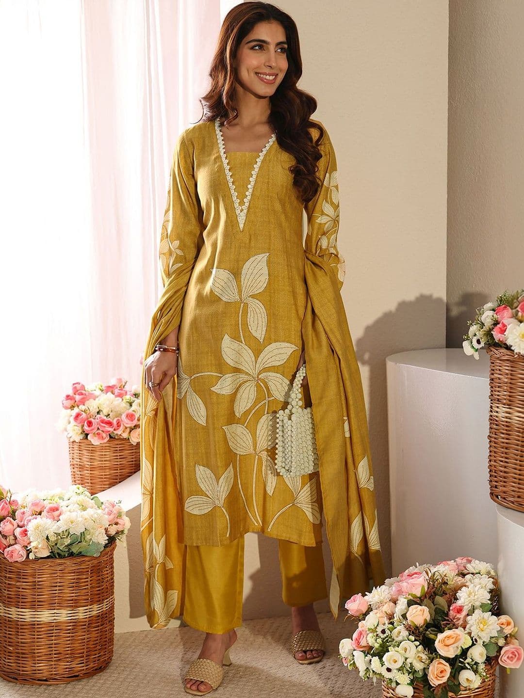 Libas Mustard Floral Printed Silk-Blend Straight Suit Set with Dupatta - view 1