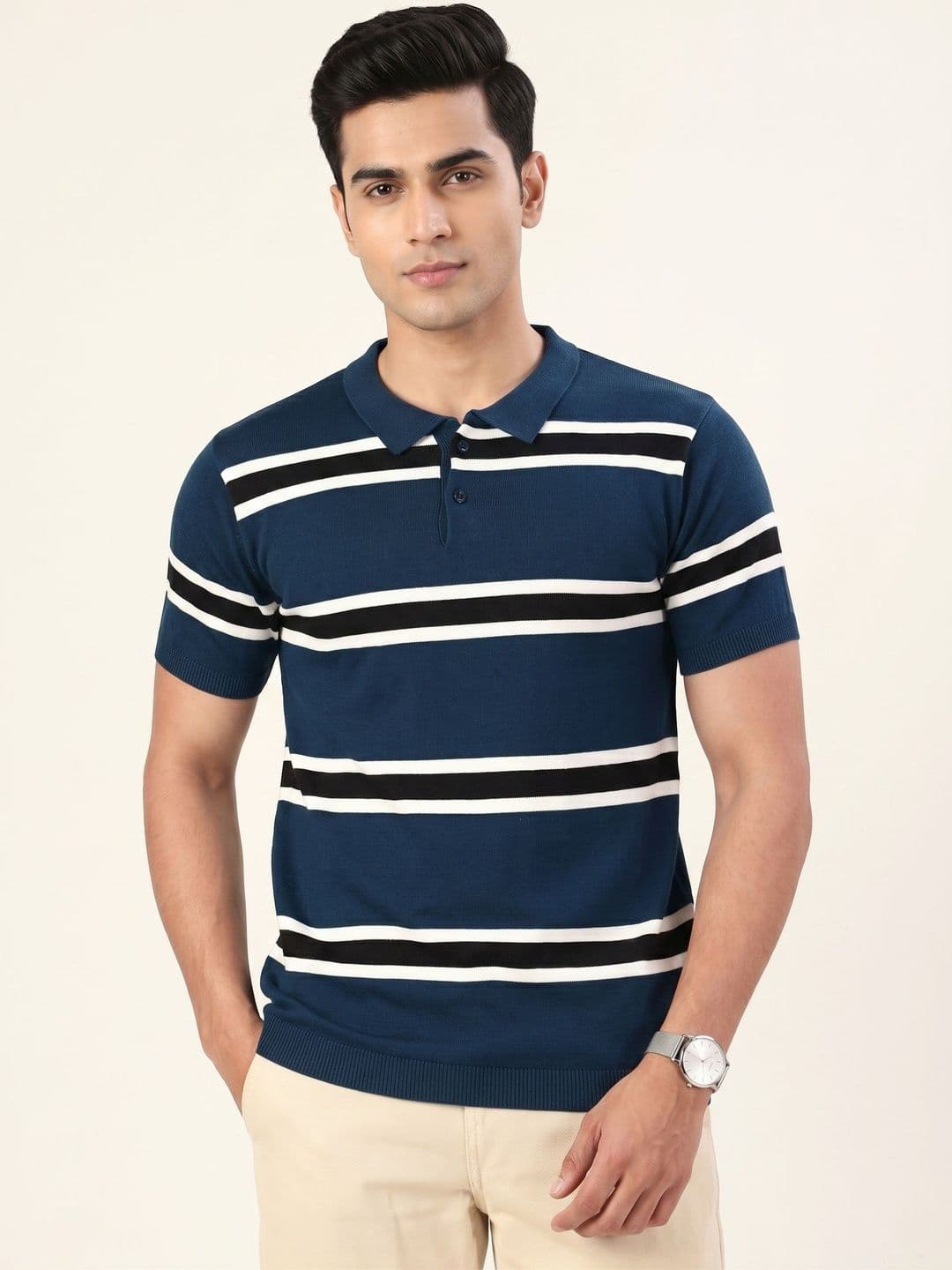 The Roadster Lifestyle Co. Men Striped Polo Collar Pockets T-shirt - view 1