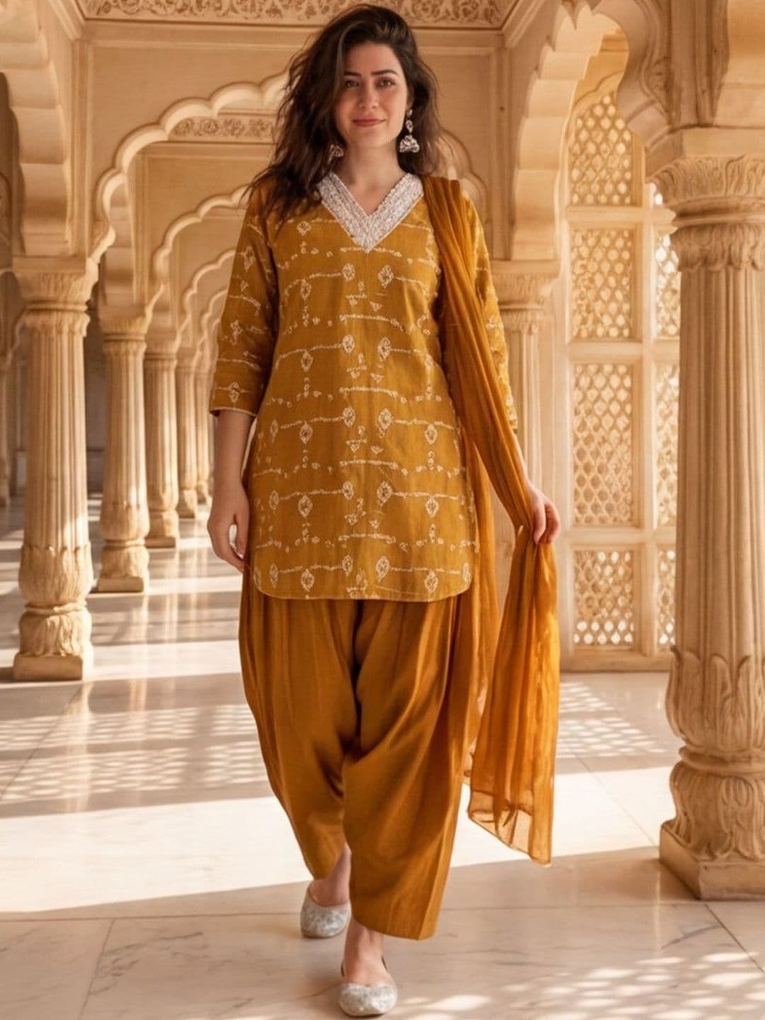 House of Pataudi Embroidered Pure Cotton V-Neck Kurta & Farshi Salwar With Dupatta - view 1