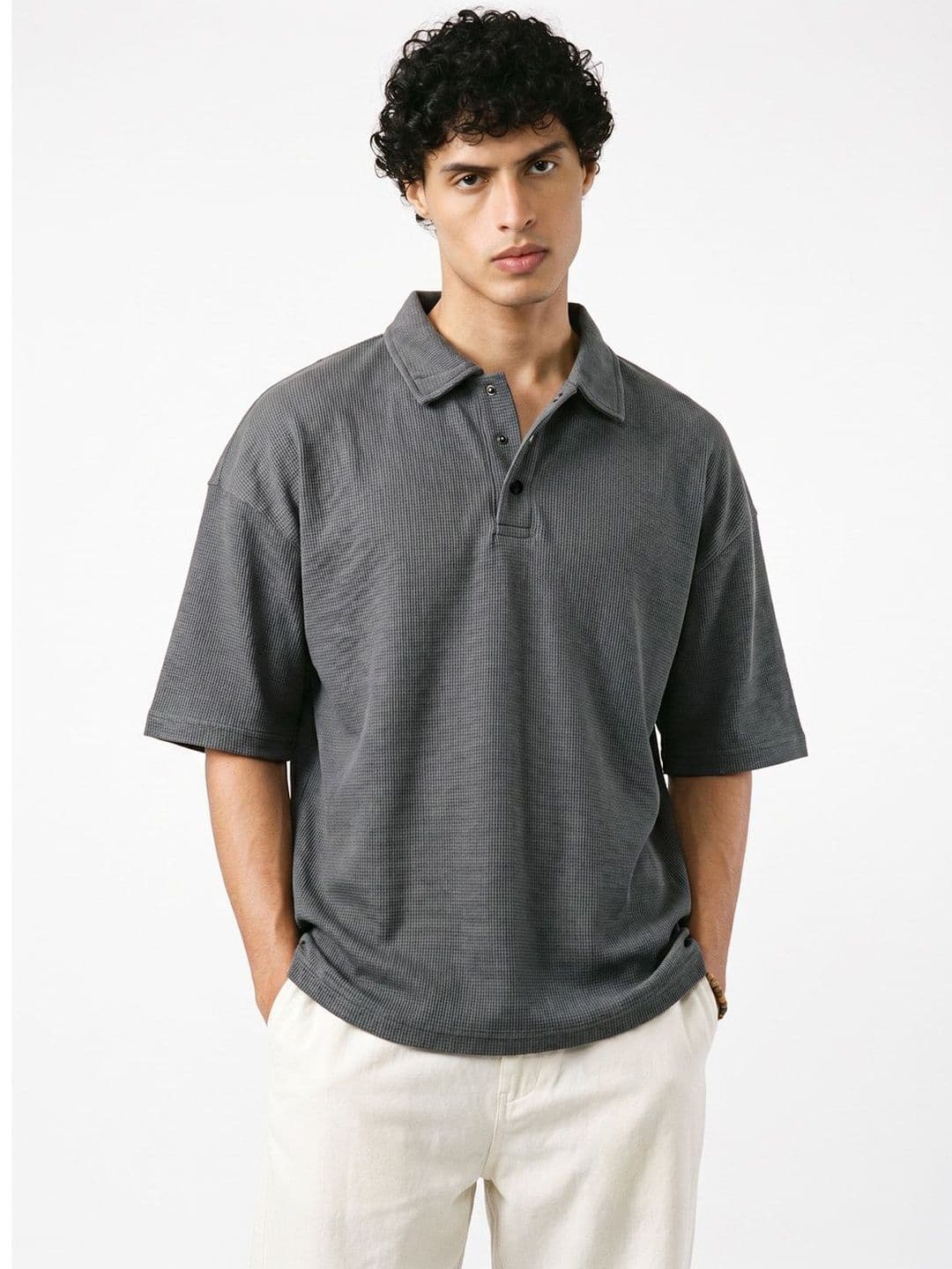 Crazymonk Men Gun Metal Button Polo Dark Grey Collar Oversized Fit T-shirt - view 1