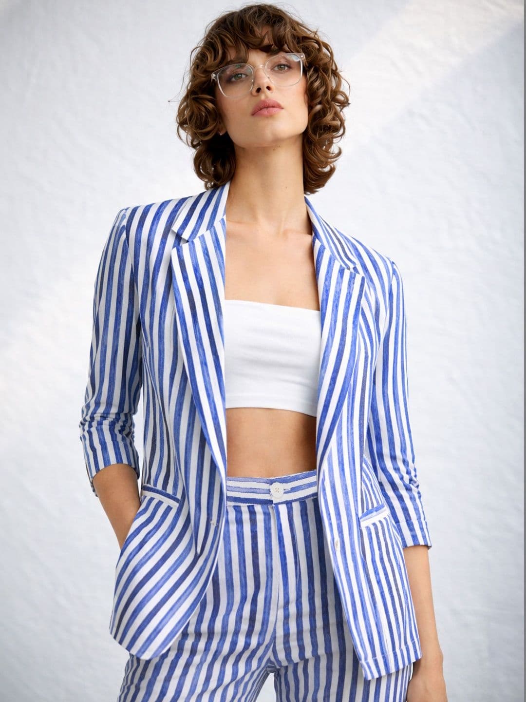 SASSAFRAS worklyf Blue Linen Striped Front Open Blazer - view 1