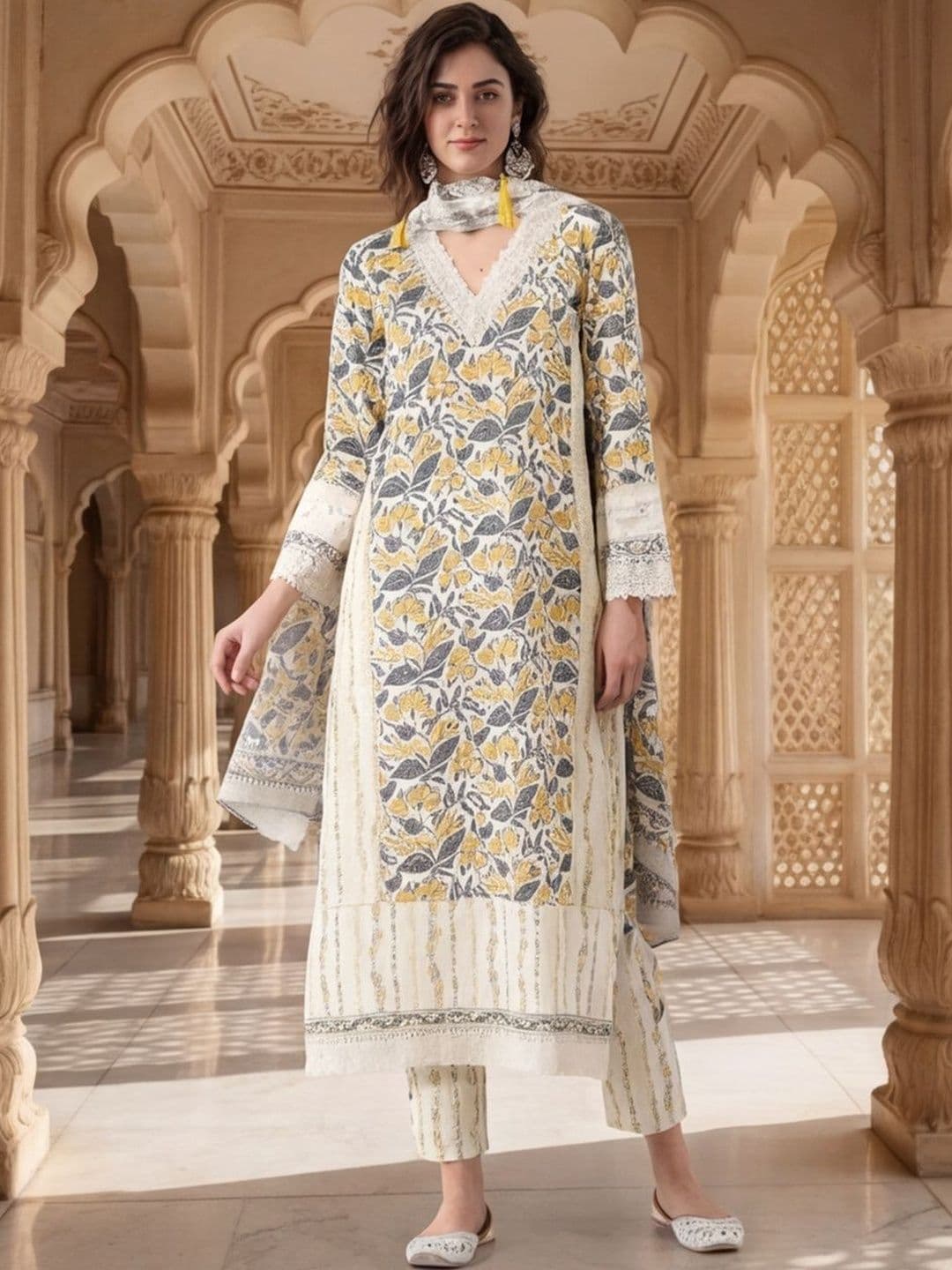 House of Pataudi Printed Pure Cotton V-Neck Kurta & Trousers With Dupatta - view 1