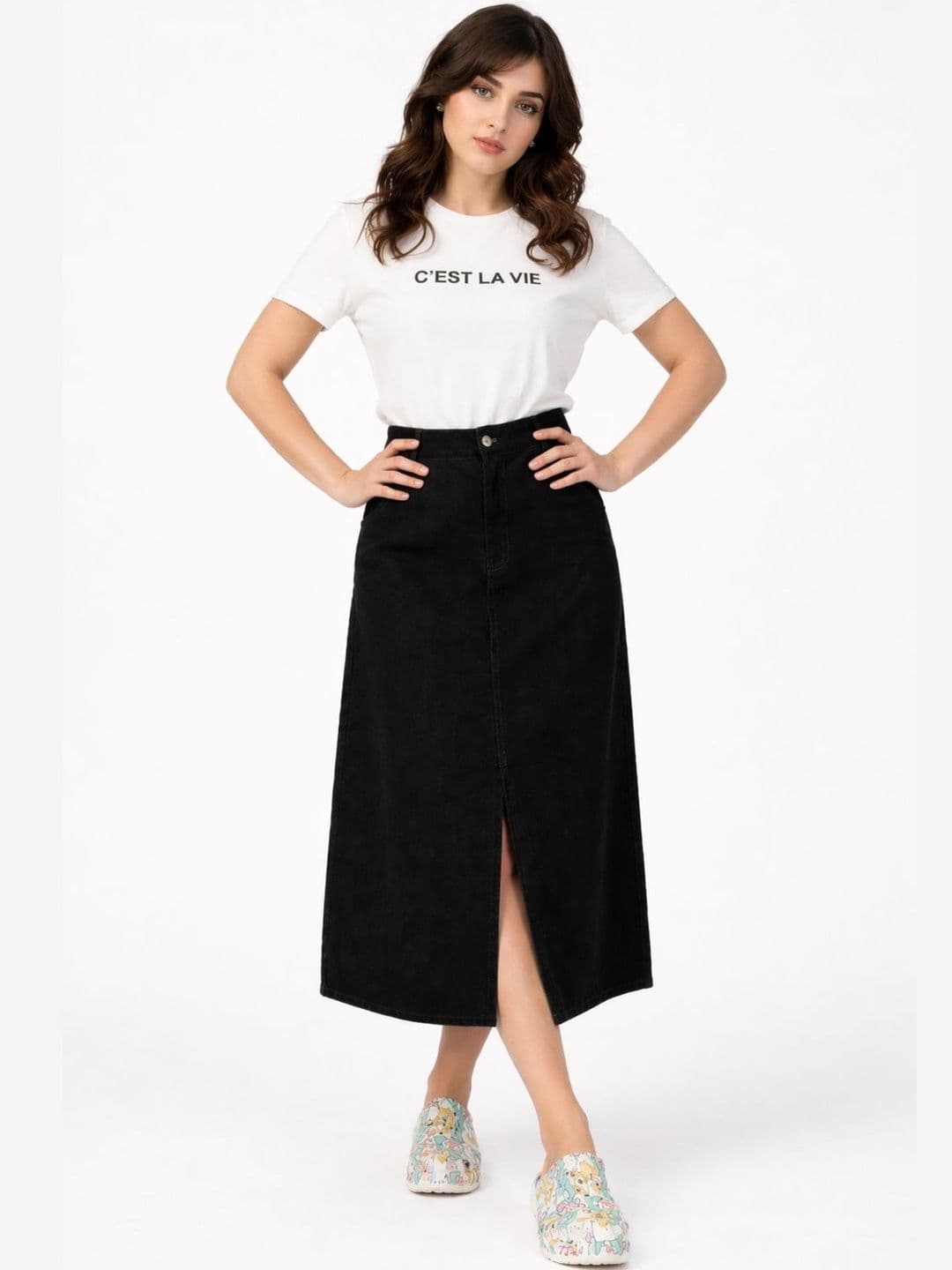 Tripursundari Fashion Women Denim Front Slit Midi Straight Skirt - view 1