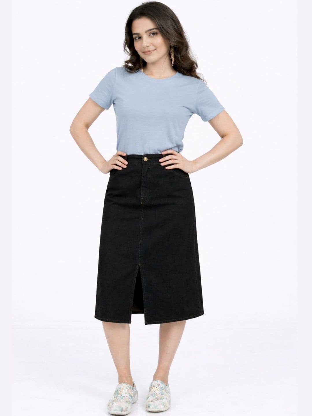 Tripursundari Fashion Women Denim Front Slit Midi Straight Skirt - view 1