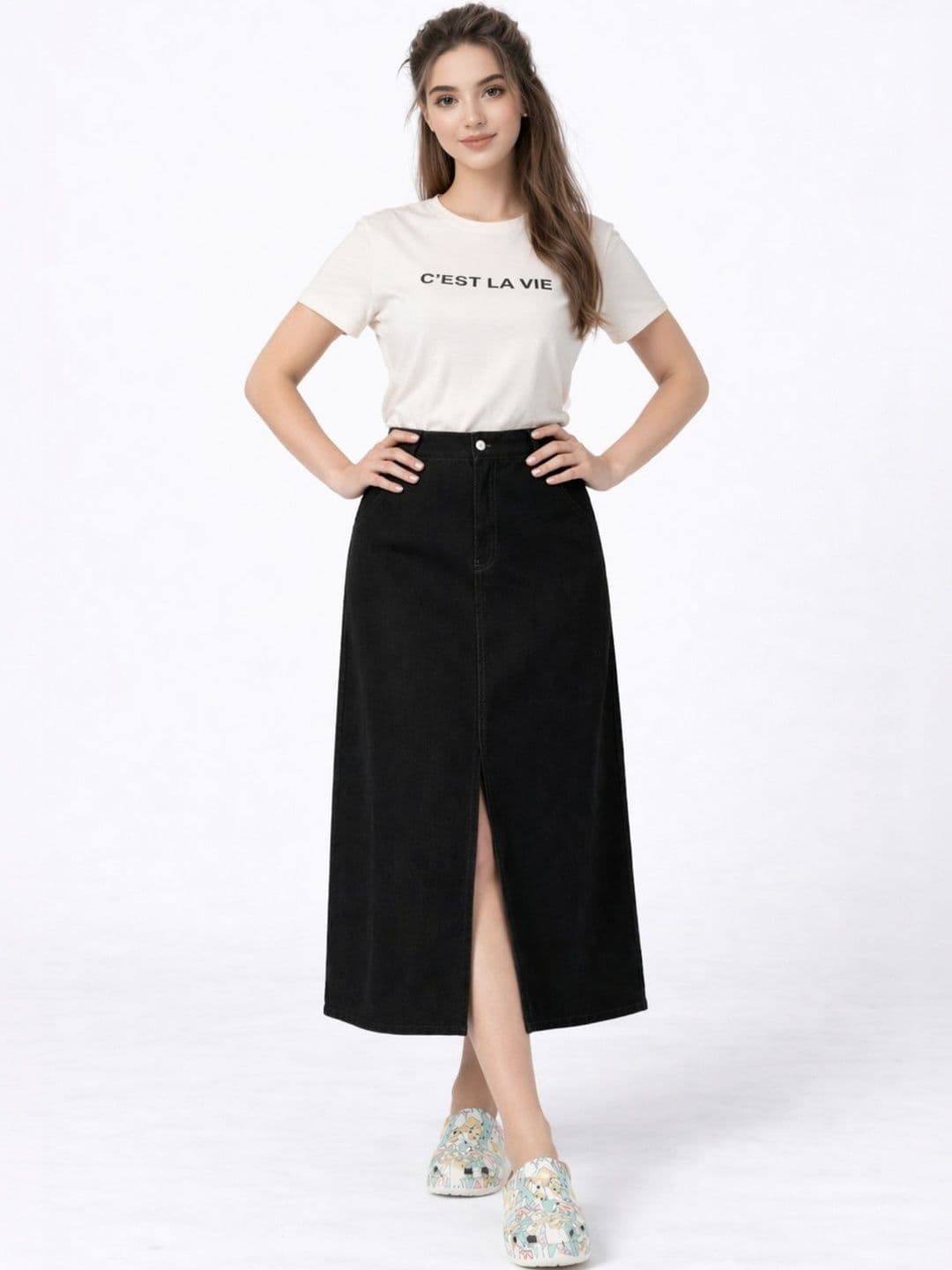 Tripursundari Fashion Women Denim Front Slit Midi A-Line Skirt - view 1