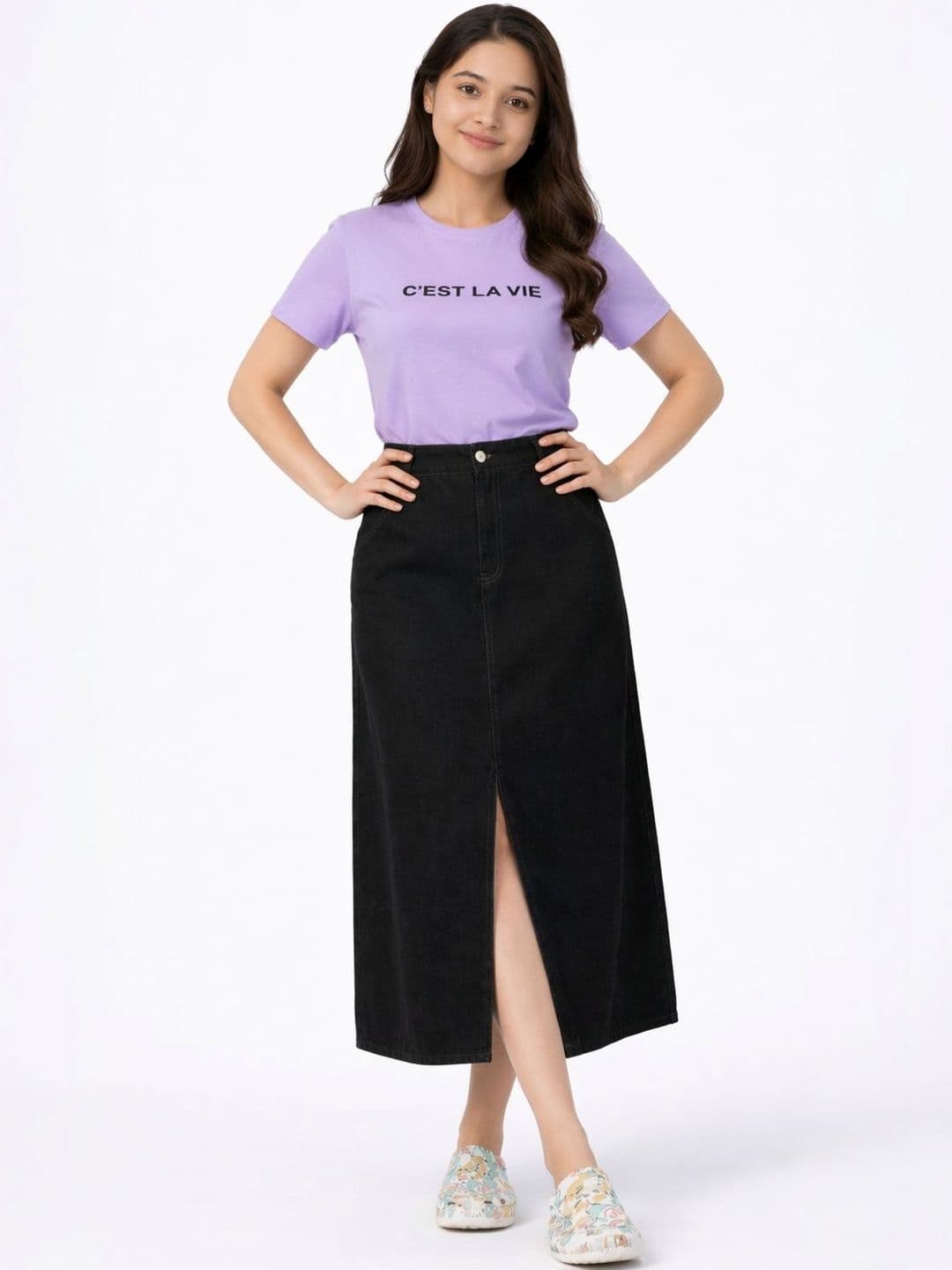 Tripursundari Fashion Women Denim Front Slit Midi Straight Skirt - view 1