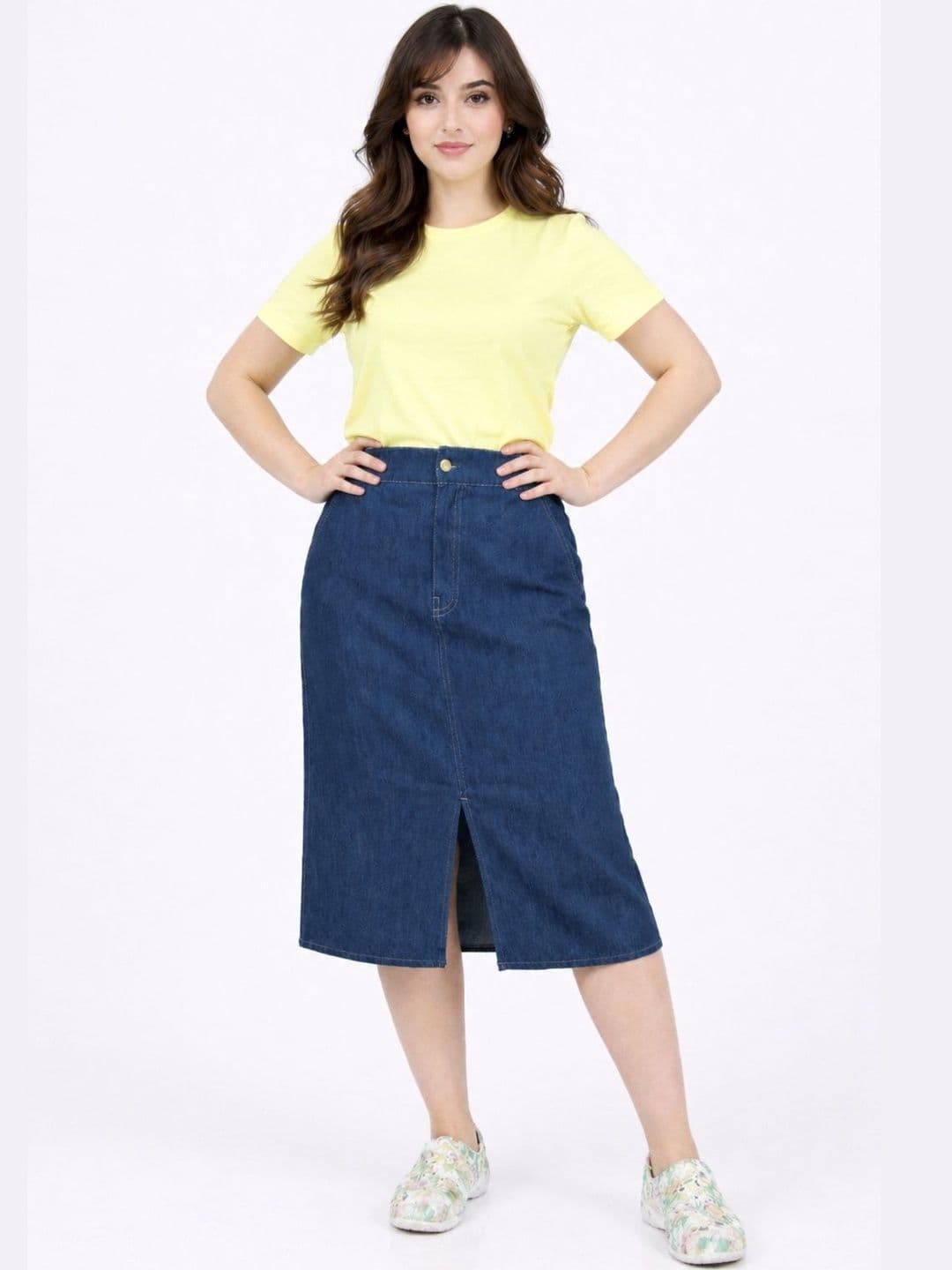 Tripursundari Fashion Women Denim Front Slit Knee Length A-Line Skirt - view 1