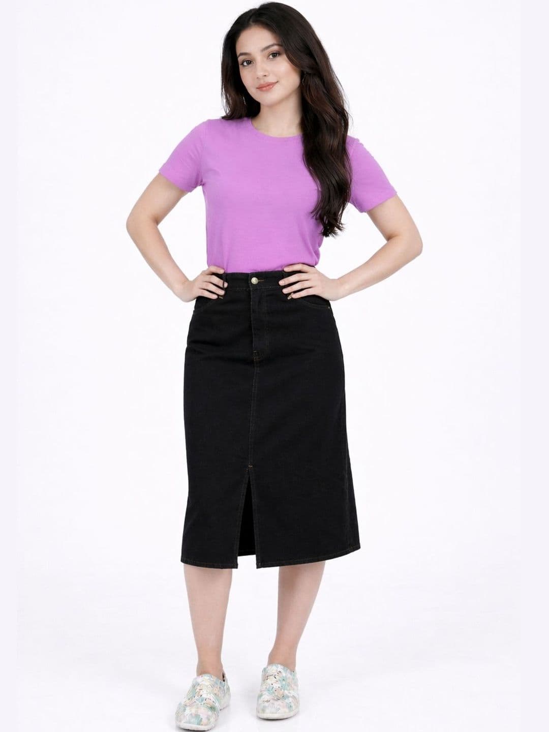 Tripursundari Fashion Women Denim Front Slit Midi Straight Skirt - view 1