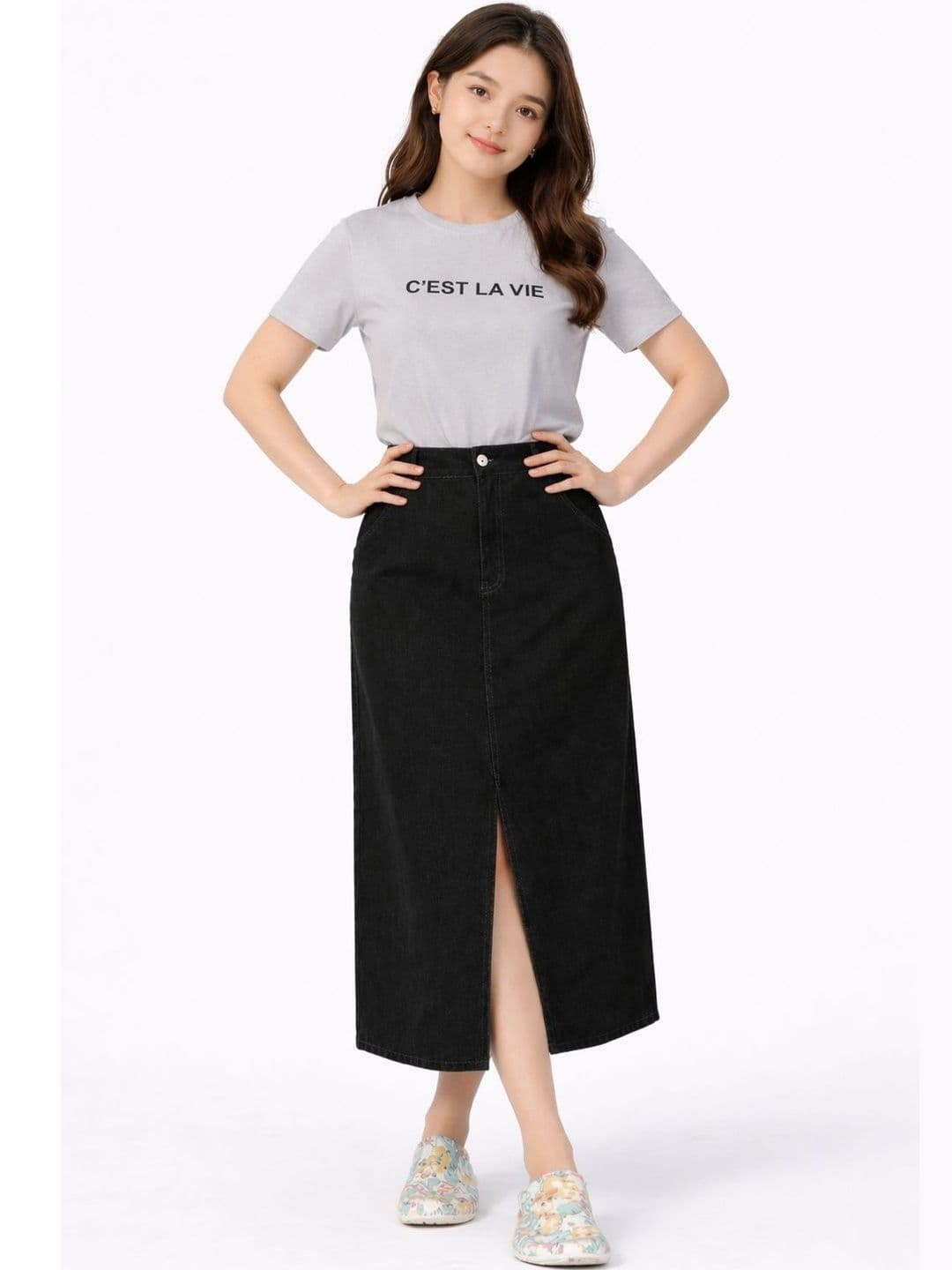 Tripursundari Fashion Women Denim Front Slit Midi Straight Skirt - view 1