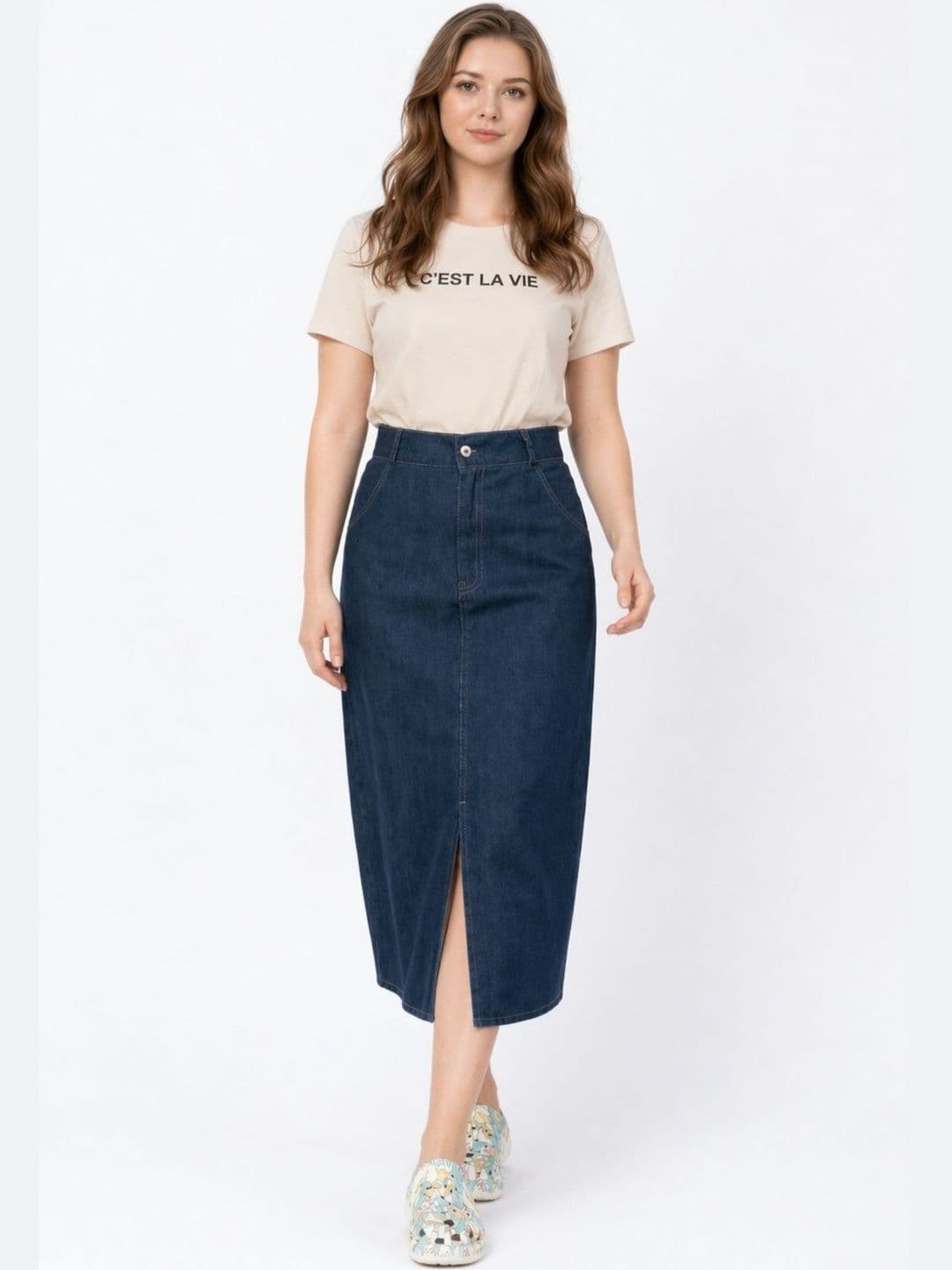 Tripursundari Fashion Women Denim Front Slit Midi Straight Skirt - view 1