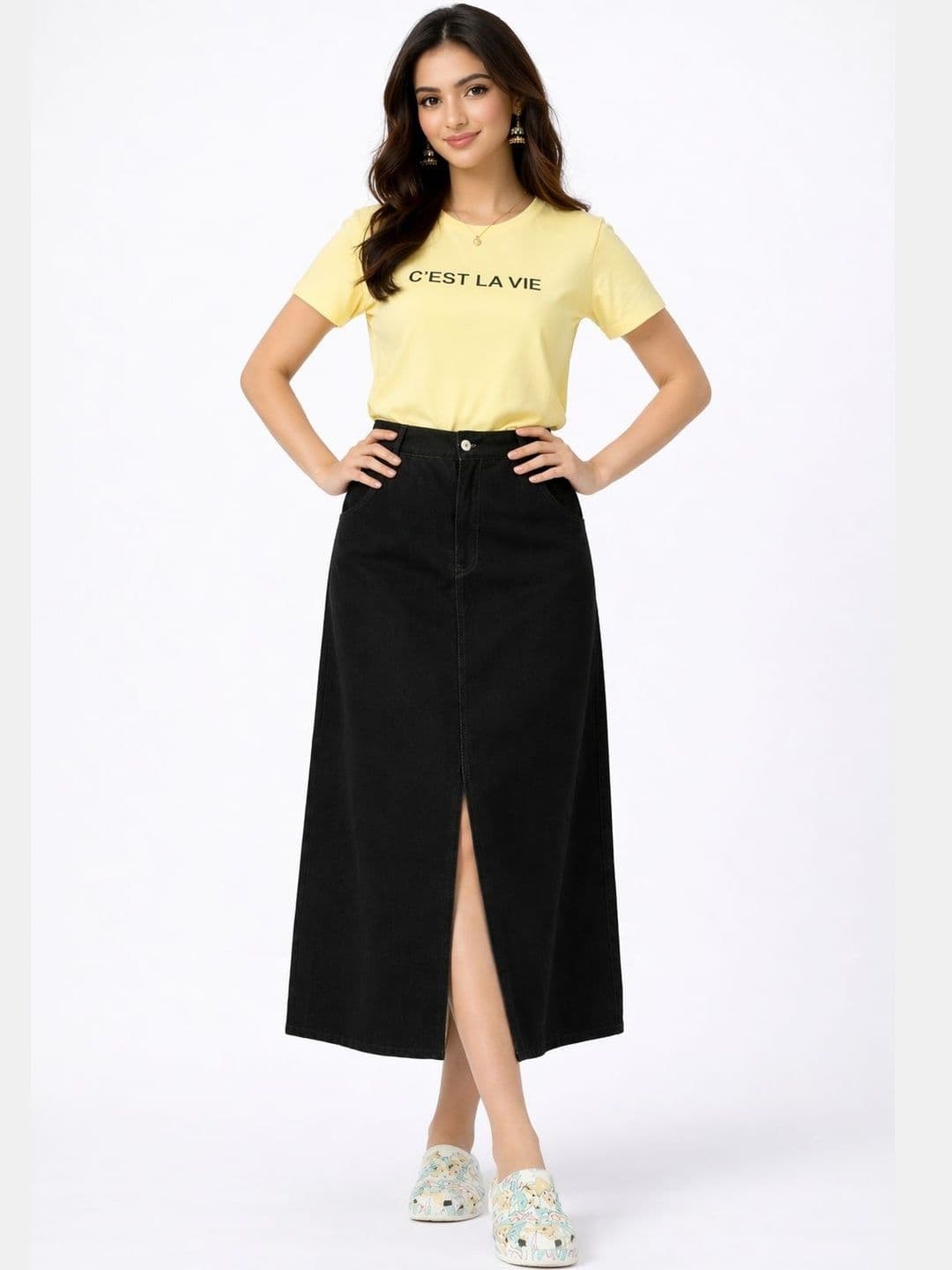 Tripursundari Fashion Women Denim Front Slit Midi A-Line Skirt - view 1