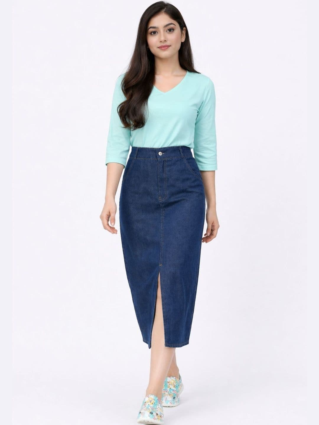 Tripursundari Fashion Women Denim Front Slit Midi Straight Skirt - view 1