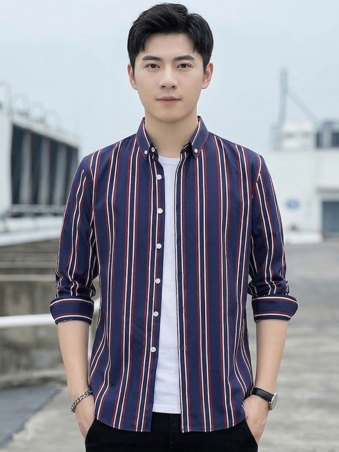 StyleCast x Revolte Navy Blue Vertical Striped Slim Fit Shirt - view 1