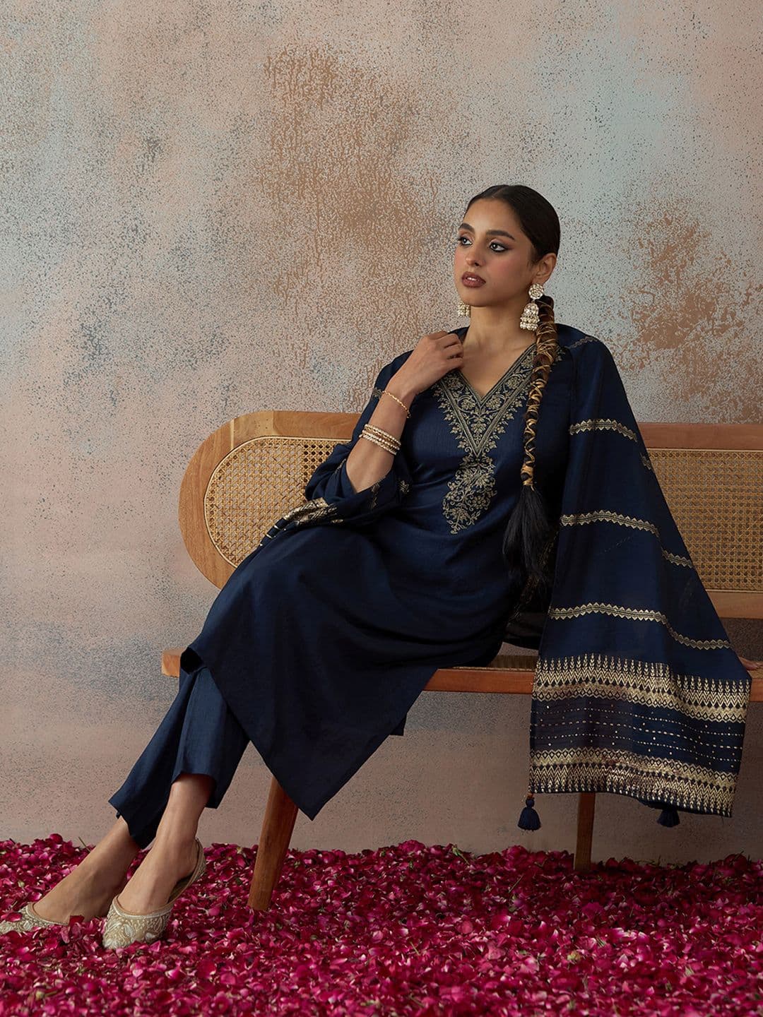 KALINI Navy Blue Zari Embroidered Kurta With Trouser & Dupatta Set - view 1