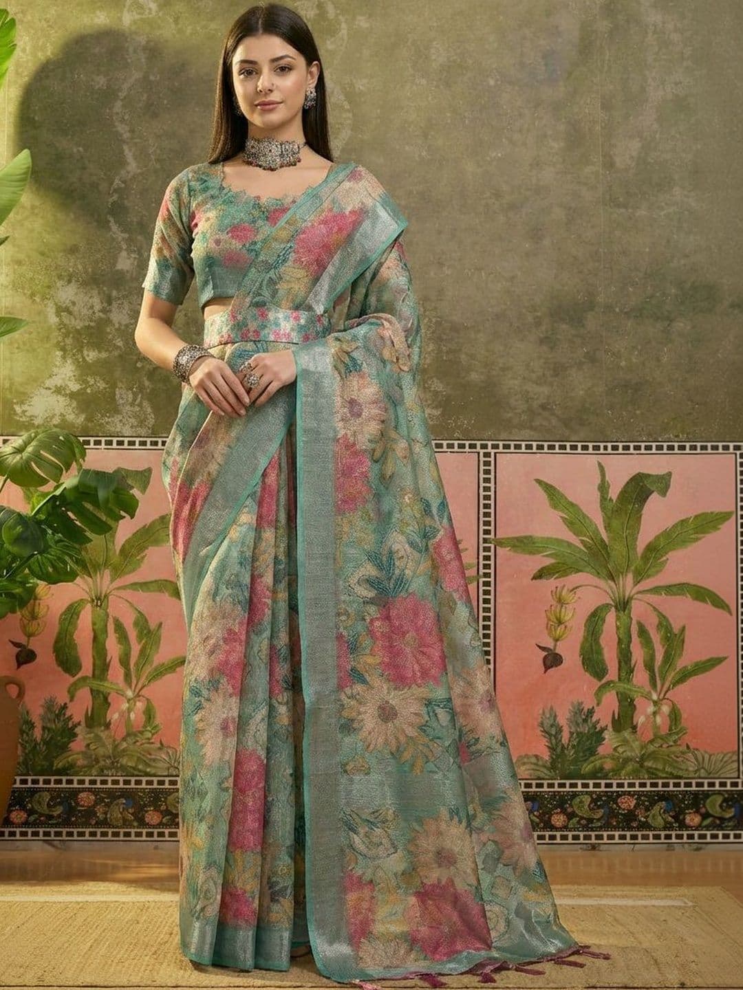 Sangria Floral Printed Sarees With Unstitched Blouse Piece - view 1