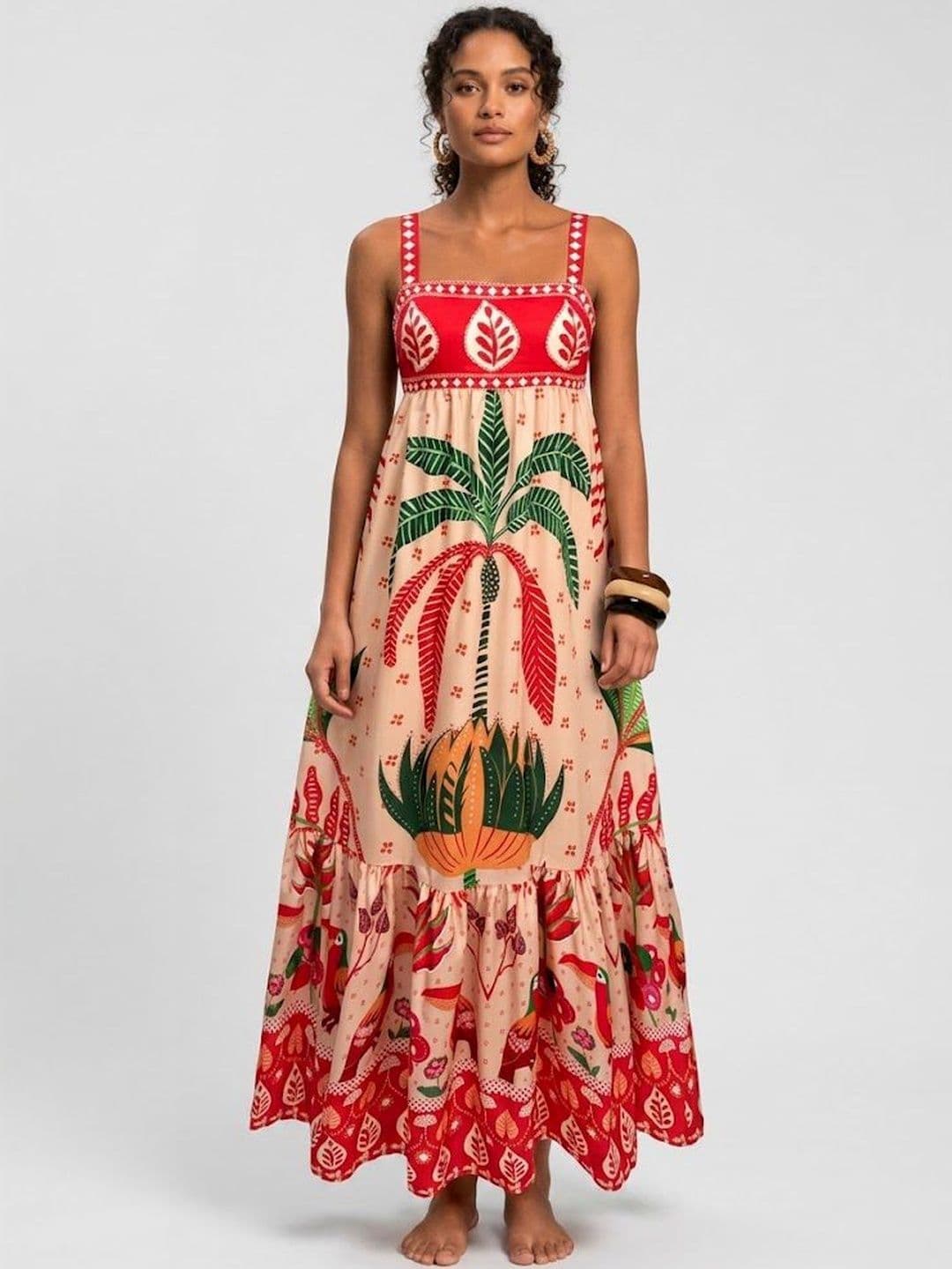 StyleCast x Revolte Red Tropical Graphic Print Maxi Dress with Shoulder Straps - view 1