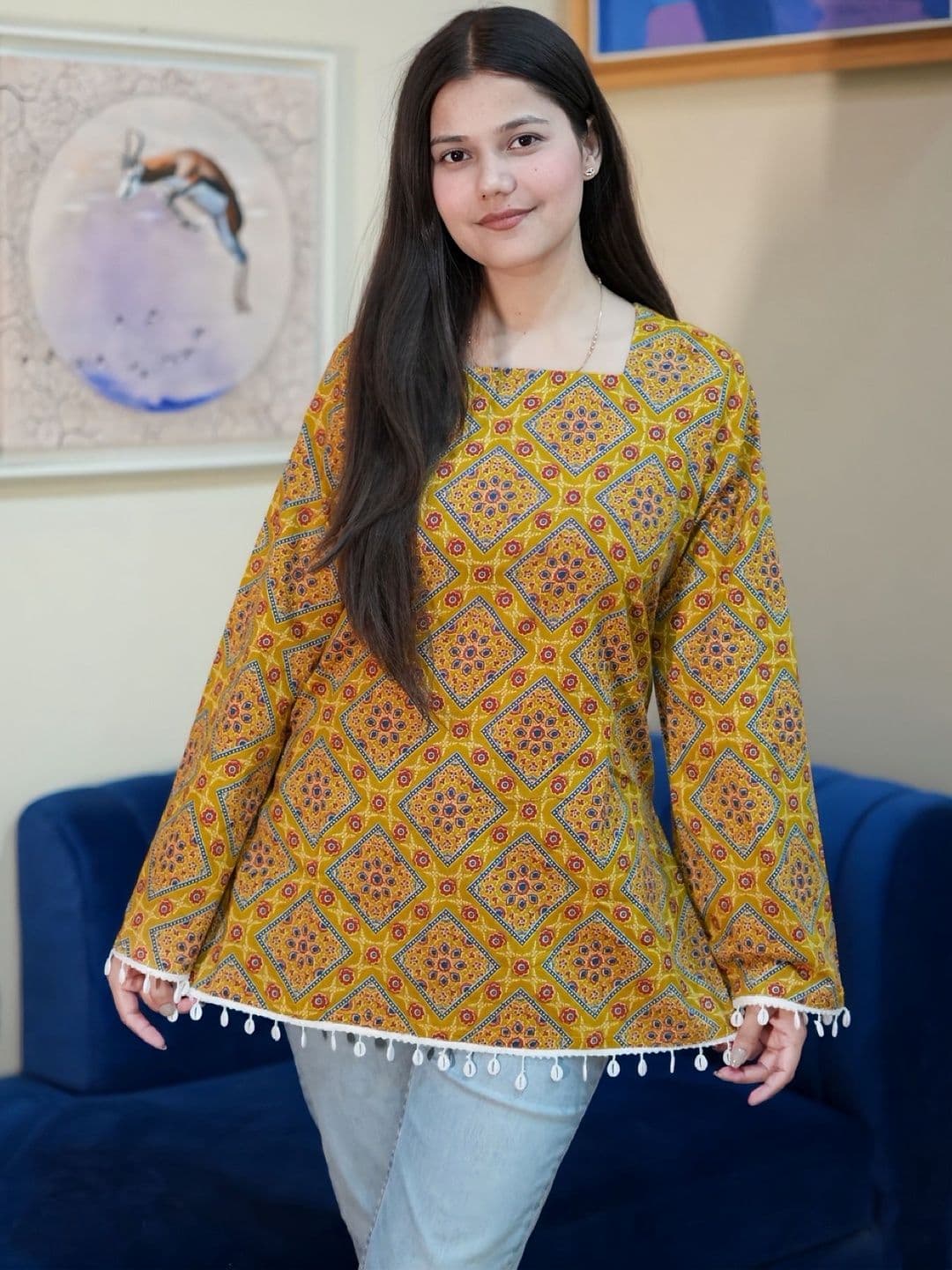 Deeps Fashion Geometric Printed Square Neck Flared Sleeves Pure Cotton Kurti - view 1
