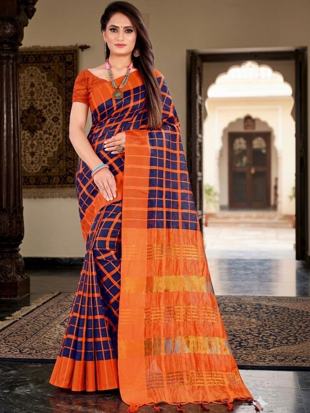 SHAIBO SAREE Checked Silk Cotton Uppada Saree - view 1