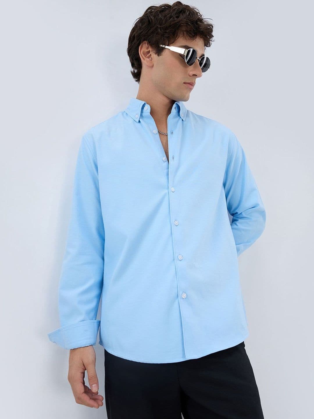 VASTRADO Solid Sky Blue Smooth Finish Oxford Shirt - view 1