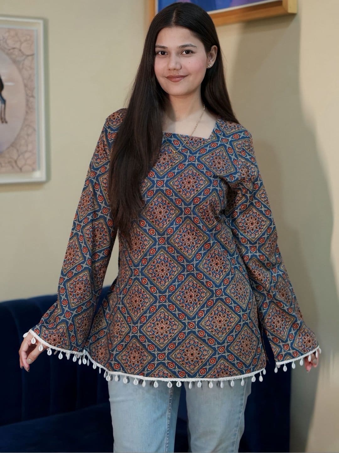 Deeps Fashion Ethnic Motifs Printed Square Neck Flared Sleeves Pure Cotton Kurti - view 1