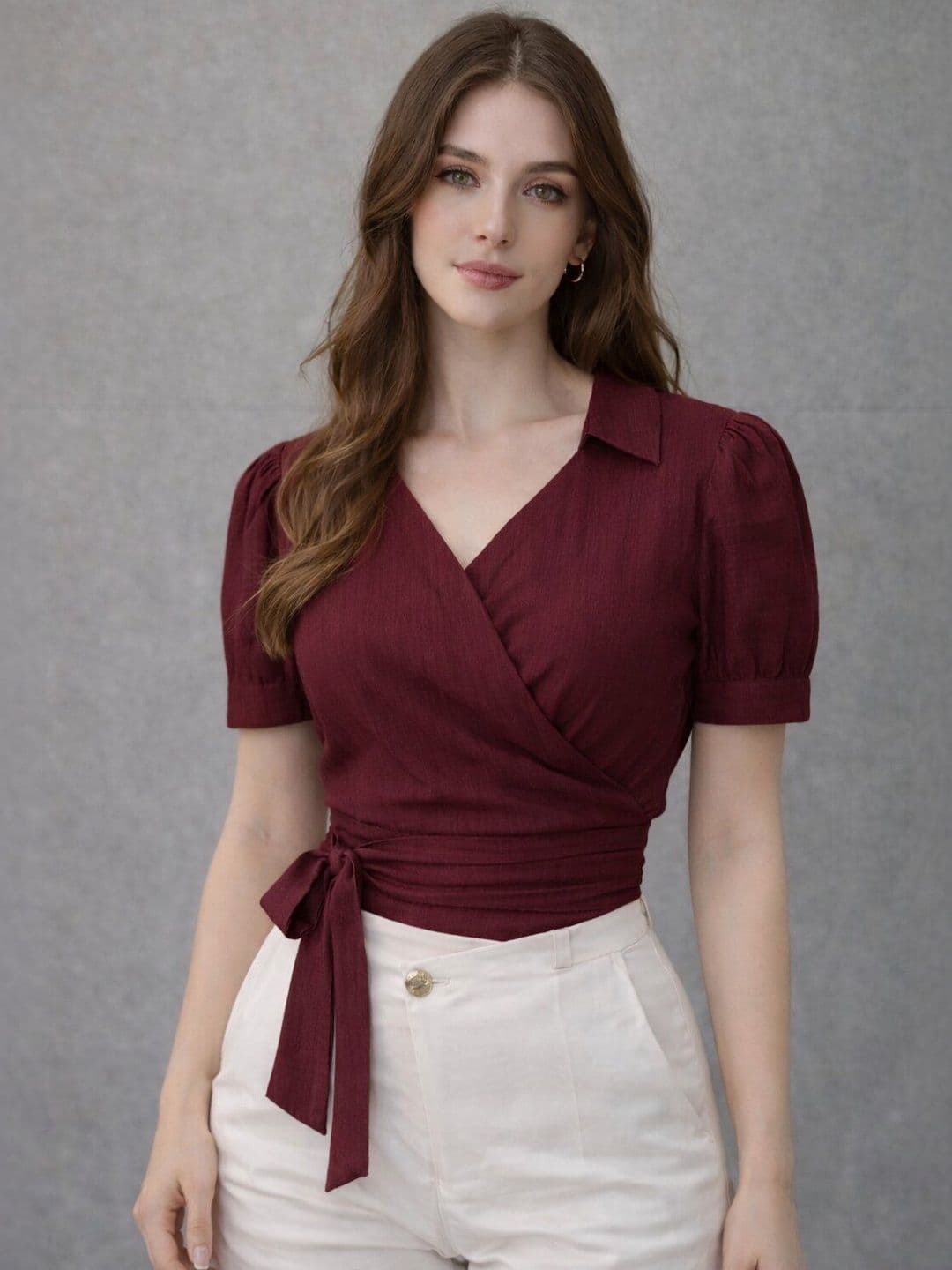 KATLINE Puff Sleeve Wrap Crop Top - view 1