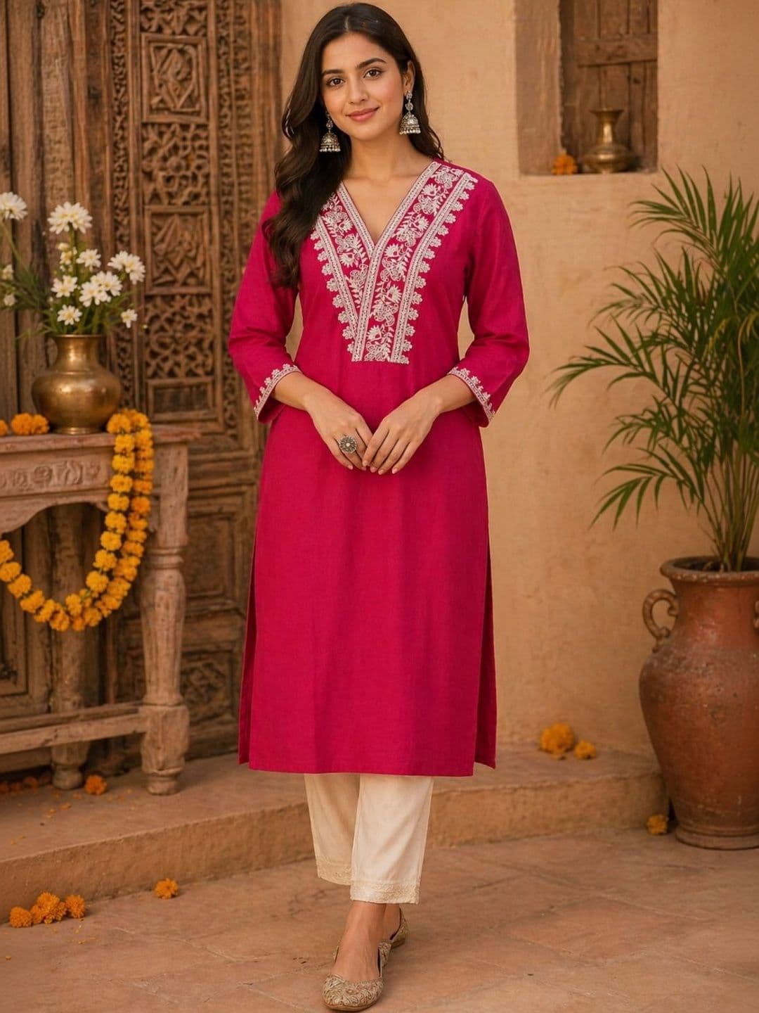 Sangria Embroidered Silk V-Neck Calf Length A-Line Kurtas - view 1