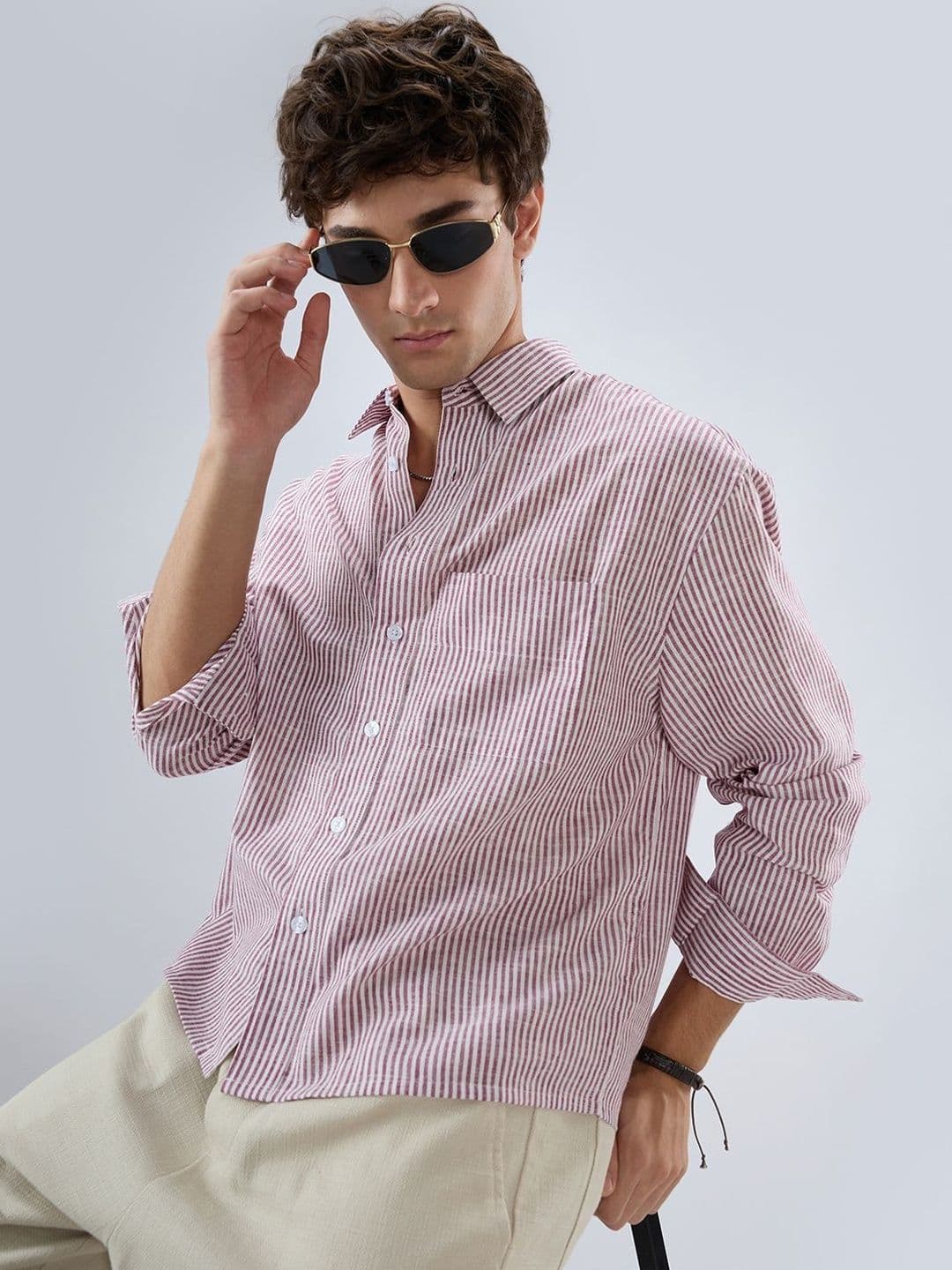 VASTRADO Rust Fine Candy Striped Boxy Fit Crop Shirt - view 1