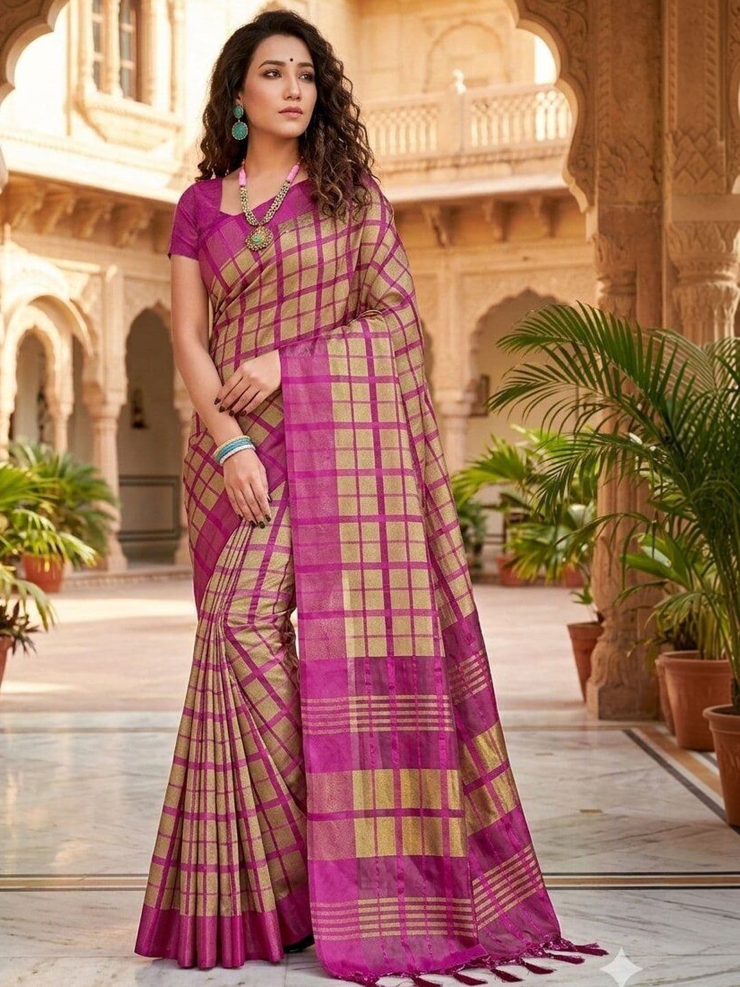 MENFLUENT Checked Silk Cotton Handloom Uppada Saree - view 1