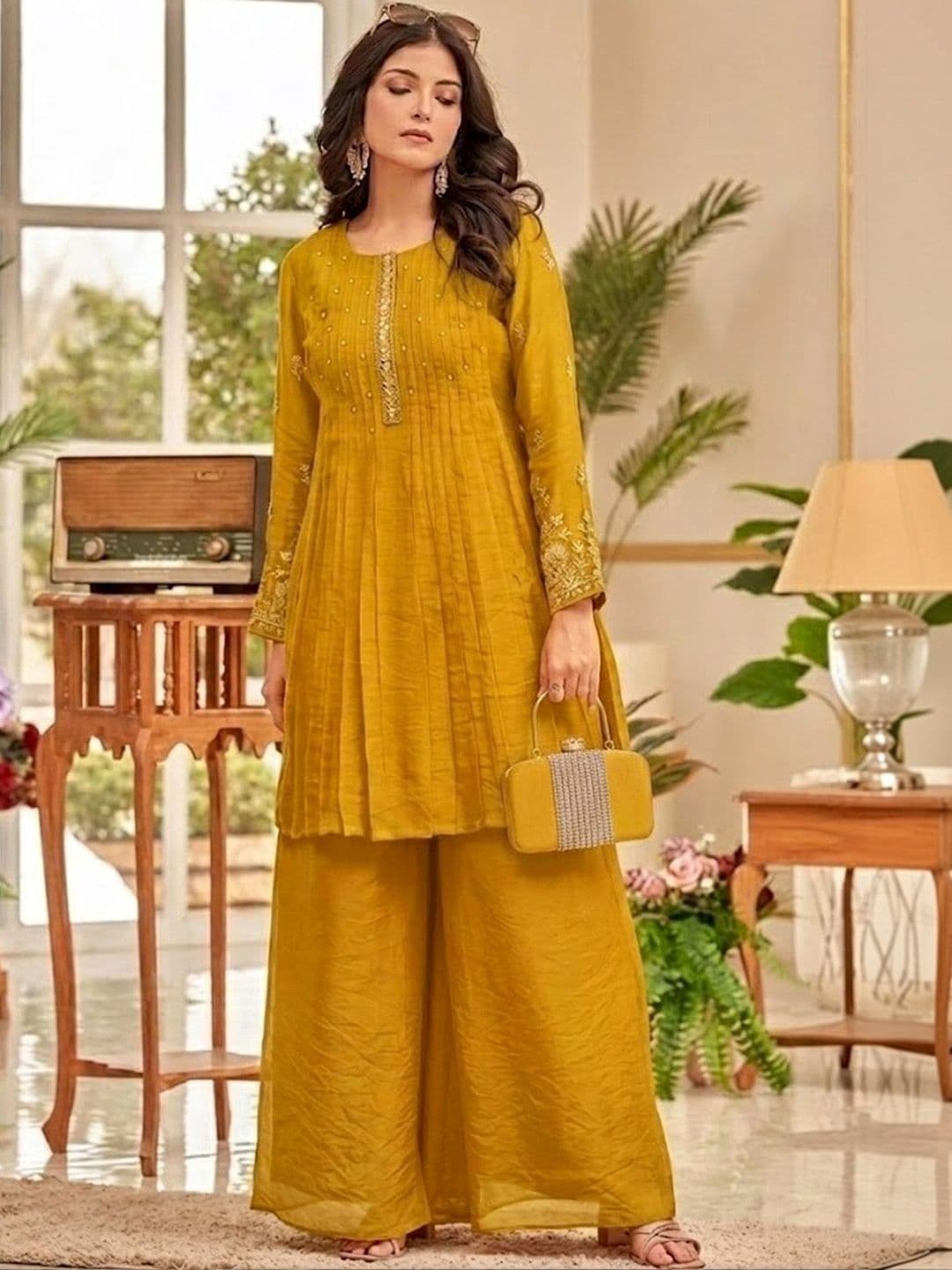 Varanga Women Ethnic Motifs Embroidered Pleated Thread Work Kurti with Palazzos - view 1