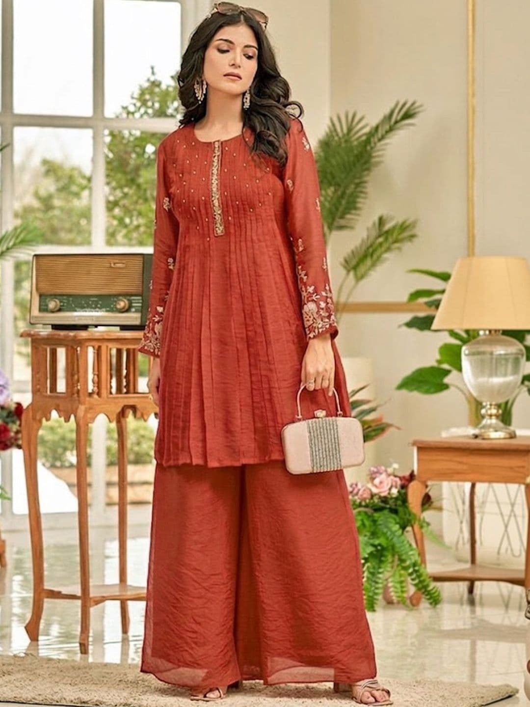 Varanga Women Ethnic Motifs Embroidered Pleated Thread Work Kurti with Palazzos - view 1