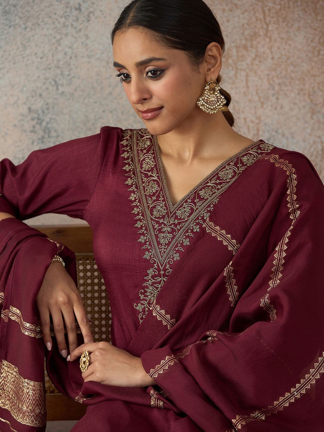 KALINI Maroon Zari Embroidered Kurta With Trouser & Dupatta Set - view 1