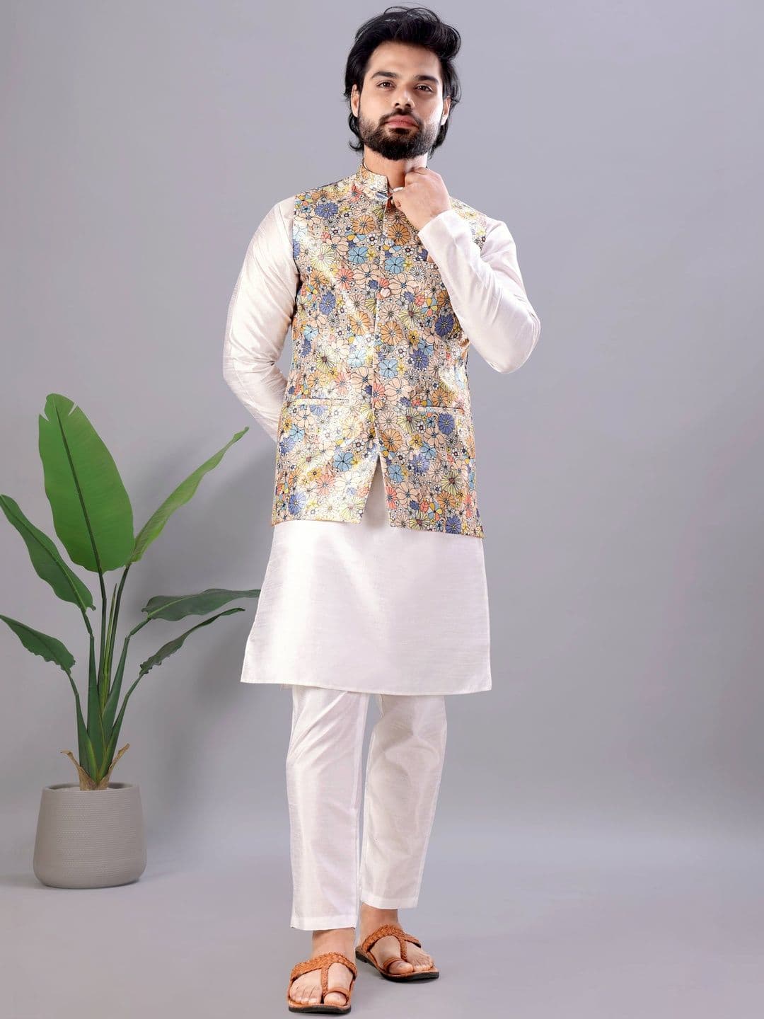 MODERN MUGHALS Men Floral Printed Nehru Jacket - view 1