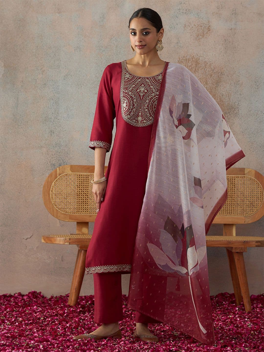 NAVYAAZRI Women Ethnic Motifs Embroidered Regular Thread Work Kurta with Trousers & With Dupatta - view 1