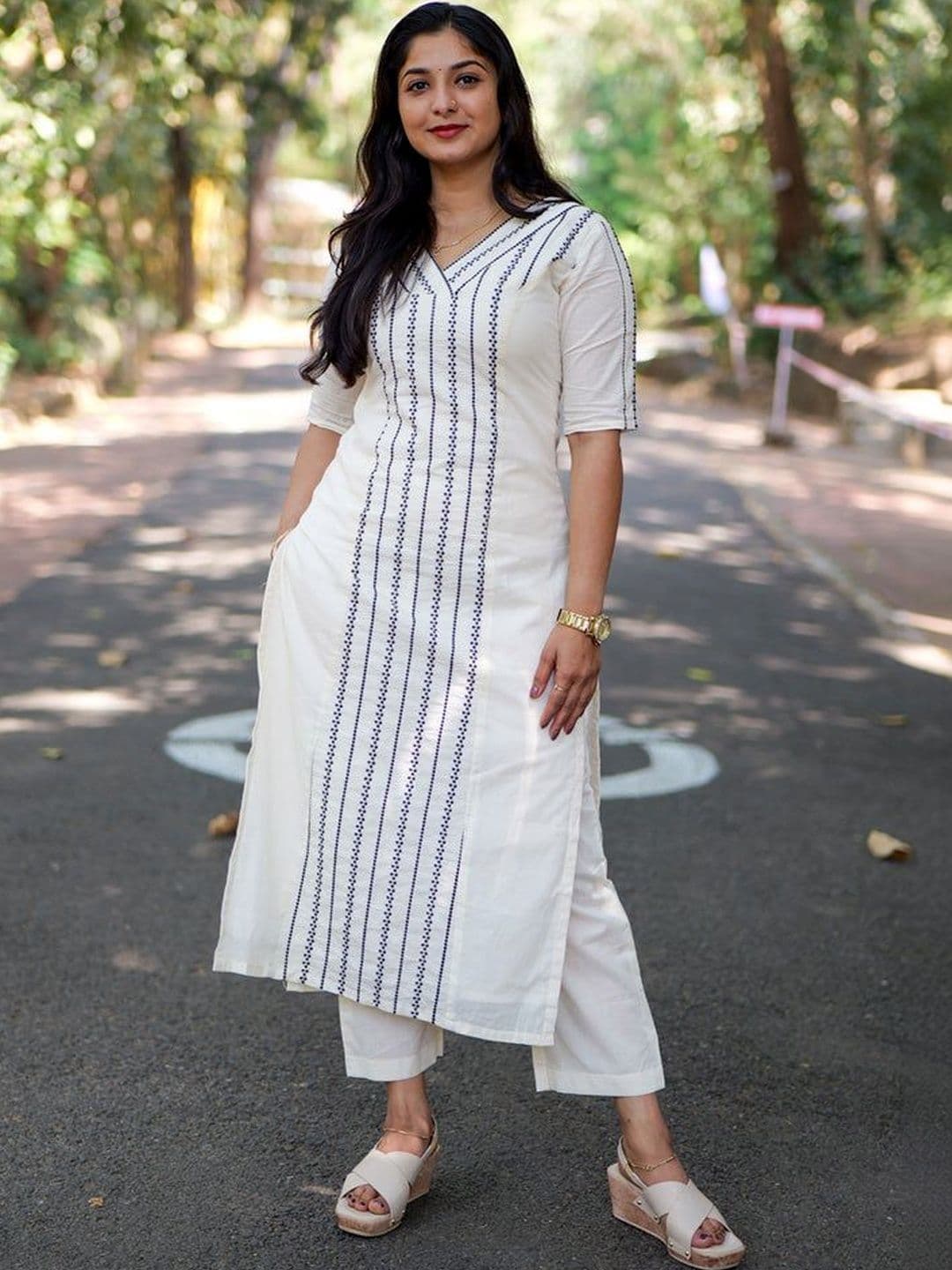 KALINI Women Embroidered Regular Thread Work Kurta with Trousers - view 1