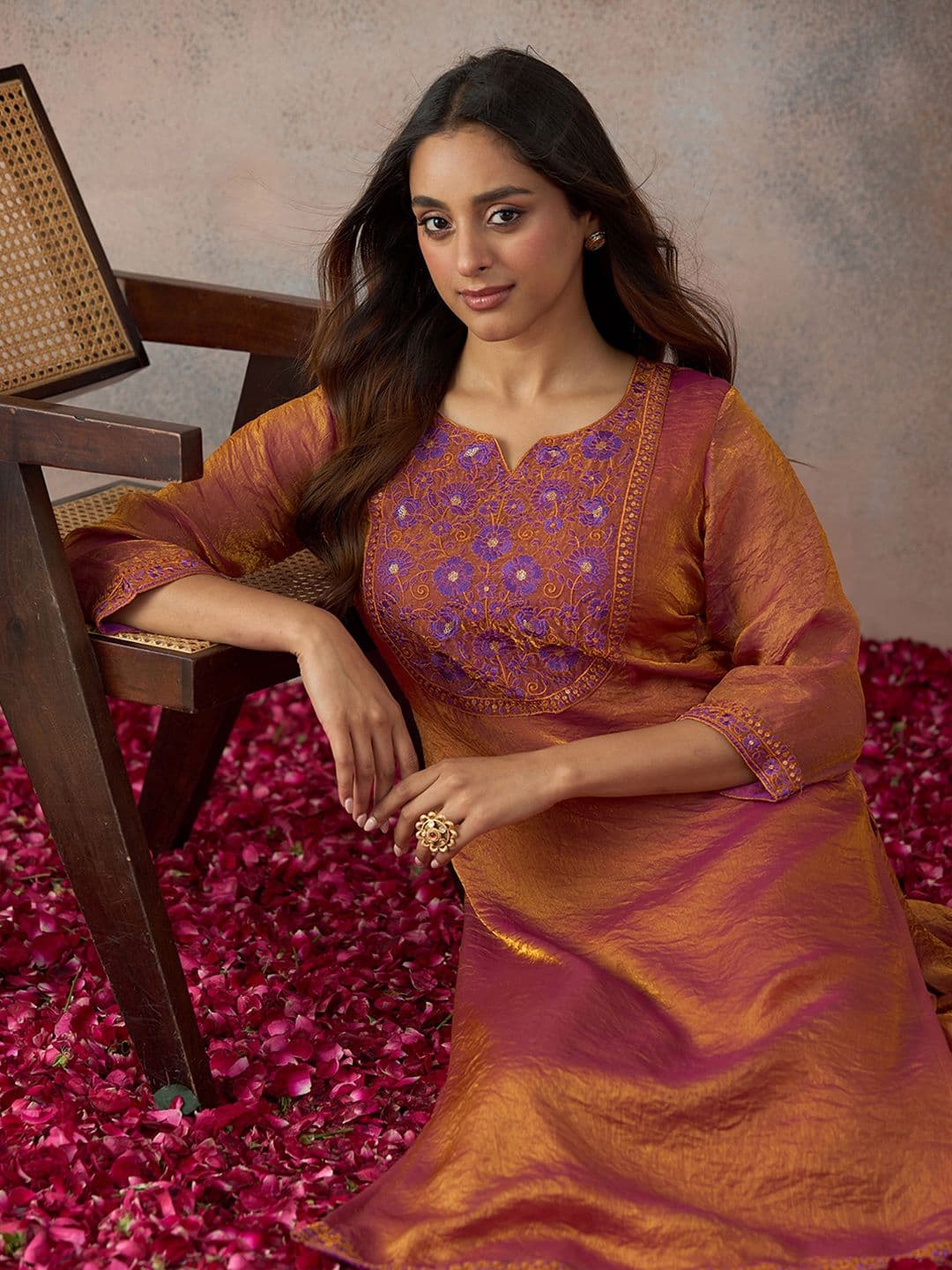 KALINI Rust Thread Work Embroidered Kurta With Palazzo Set - view 1