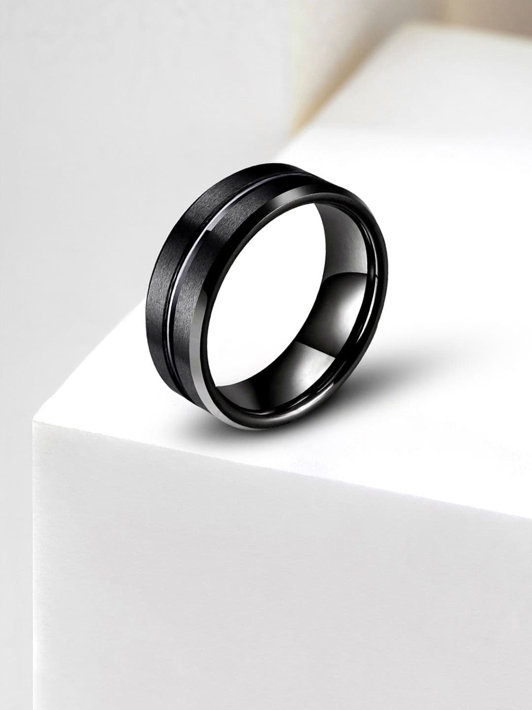 Peora Men Tungsten Grooved Center Polished Band Finger Ring - view 1