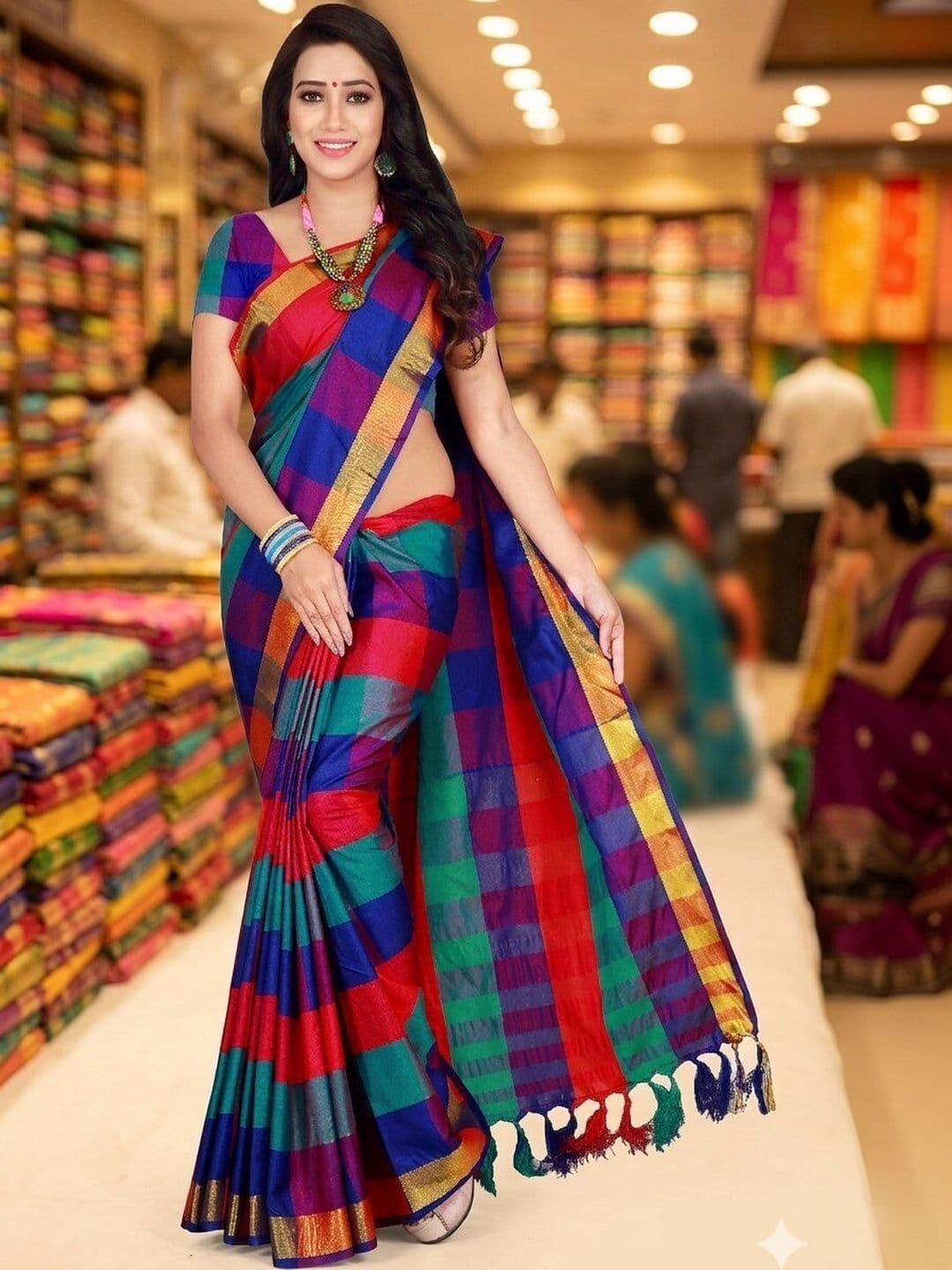 SHAIBO SAREE Checked Silk Cotton Uppada Saree - view 1