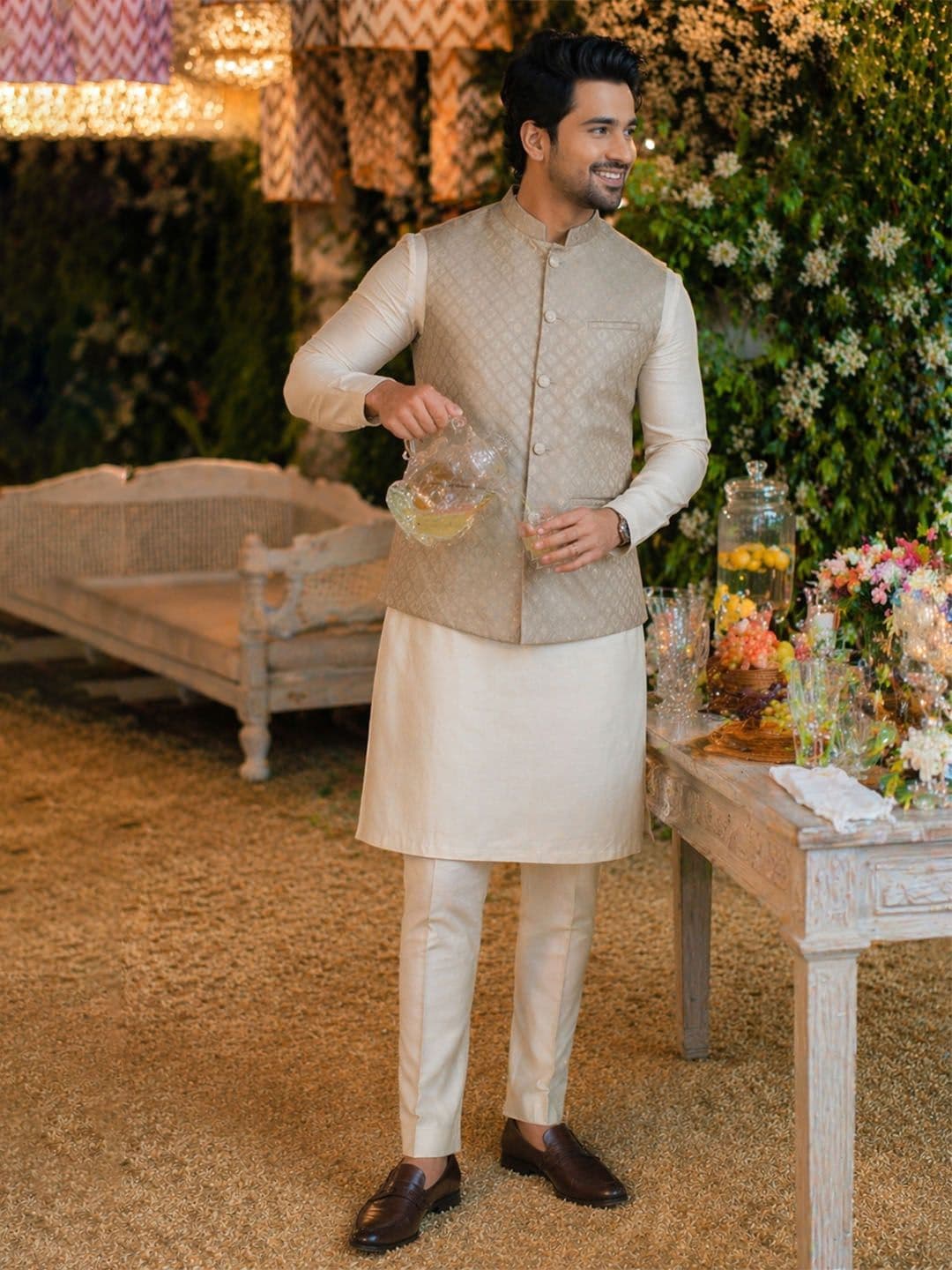 House of Pataudi Woven Design Textured Festive Jacquard Nehru Jacket - view 1